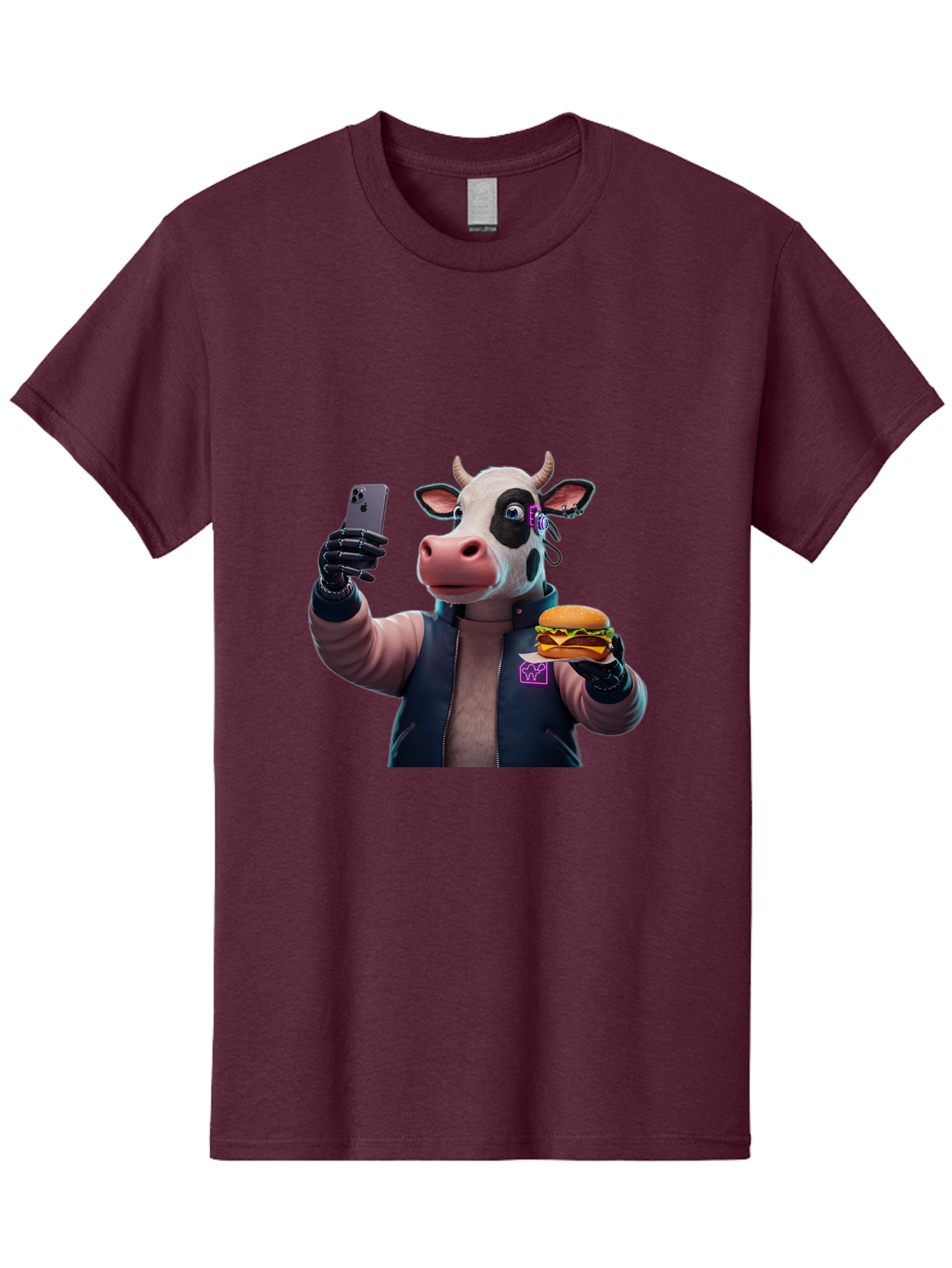 Cow-Wearing-Black-Vest-Holding-Cheeseburger-And-Iphone Men'S Graphic Tee, 100% Cotton, Comfortable Casual Summer Wear, Machine Washable, Vintage Camera, Old Camera, Antique Camera, Black Camera, Classic Photography, Photography Equipment, Bah816