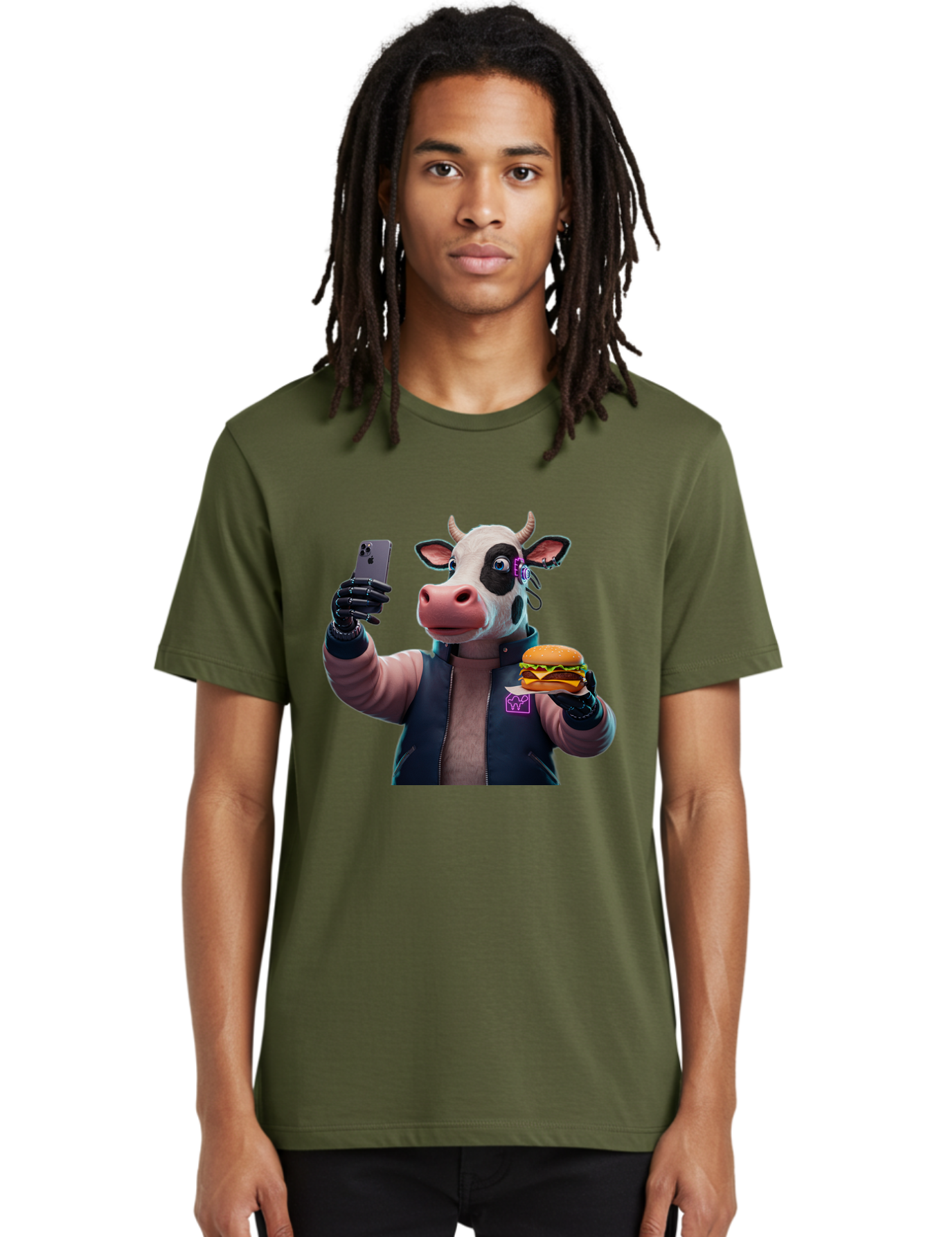 Cow-Wearing-Black-Vest-Holding-Cheeseburger-And-Iphone Men'S Graphic Tee, 100% Cotton, Comfortable Casual Summer Wear, Machine Washable, Vintage Camera, Old Camera, Antique Camera, Black Camera, Classic Photography, Photography Equipment, Bah816