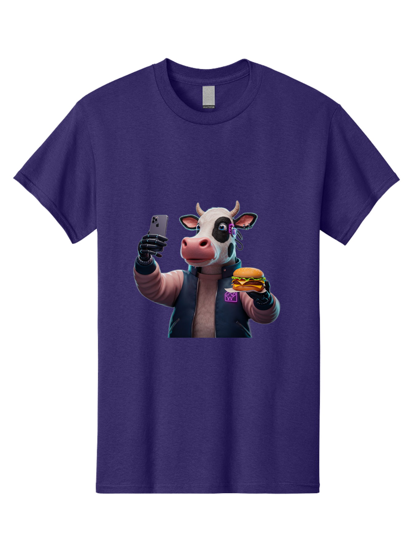 Cow-Wearing-Black-Vest-Holding-Cheeseburger-And-Iphone Men'S Graphic Tee, 100% Cotton, Comfortable Casual Summer Wear, Machine Washable, Vintage Camera, Old Camera, Antique Camera, Black Camera, Classic Photography, Photography Equipment, Bah816