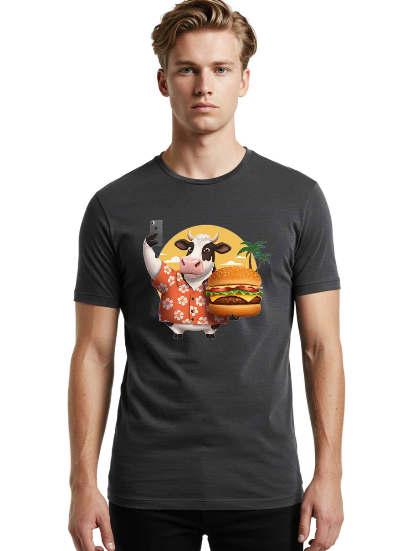 Cow-With-Burger-1 Men'S Graphic Tee, 100% Cotton, Comfortable Casual Summer Wear, Machine Washable, Vintage Camera, Old Camera, Antique Camera, Black Camera, Classic Photography, Photography Equipment, Nostalgic Device, Film Camera, Camera Art Bah817