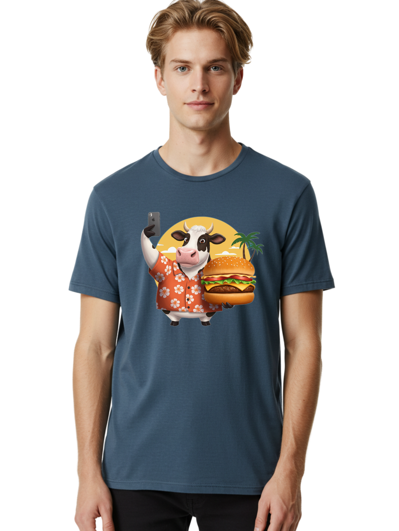 Cow-With-Burger-1 Men'S Graphic Tee, 100% Cotton, Comfortable Casual Summer Wear, Machine Washable, Vintage Camera, Old Camera, Antique Camera, Black Camera, Classic Photography, Photography Equipment, Nostalgic Device, Film Camera, Camera Art Bah817