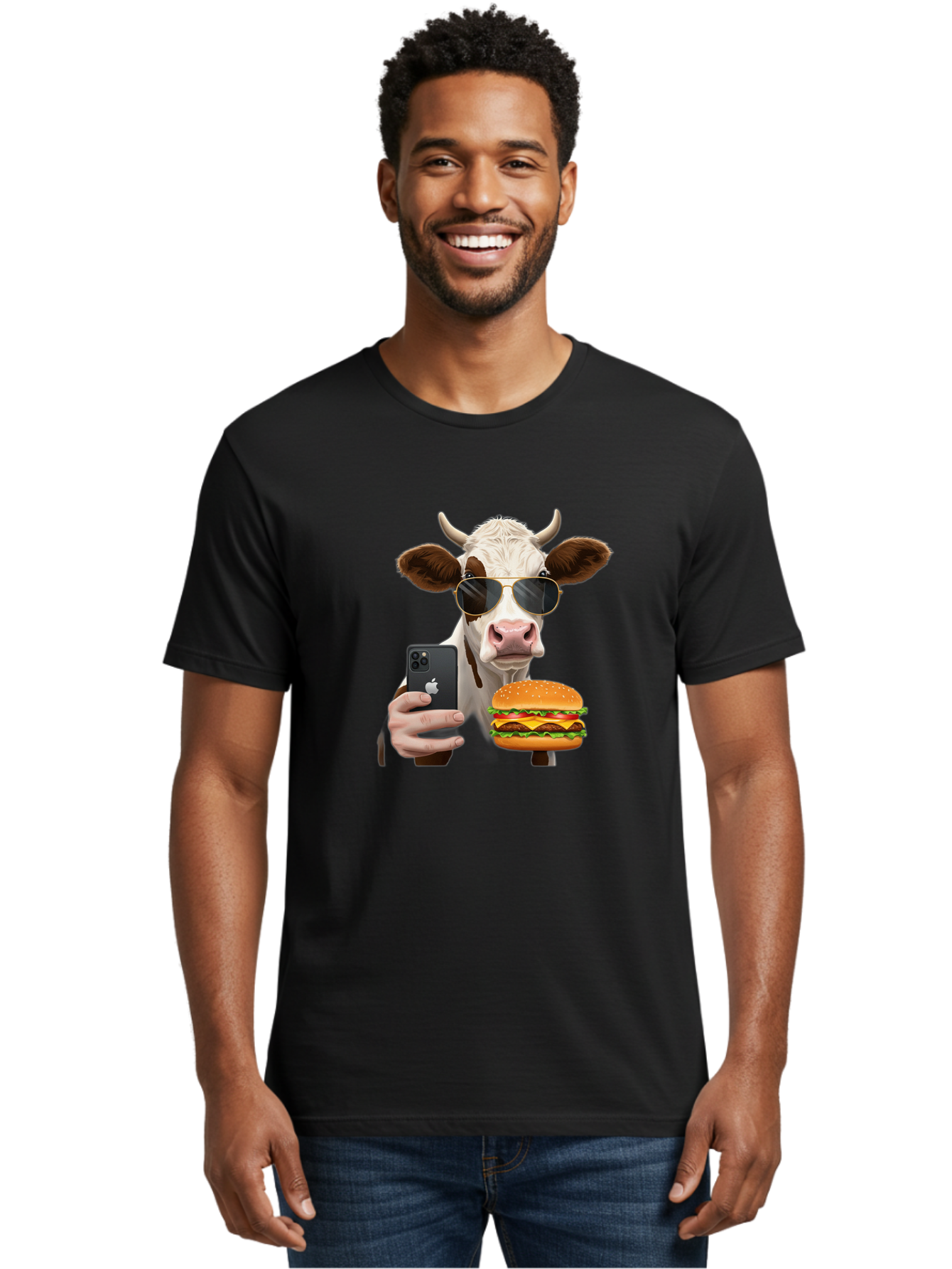Cow-With-Iphone-And-Burger Men'S Graphic Tee, 100% Cotton, Comfortable Casual Summer Wear, Machine Washable, Vintage Camera, Old Camera, Antique Camera, Black Camera, Classic Photography, Photography Equipment, Nostalgic Device, Film Camera, Bah822