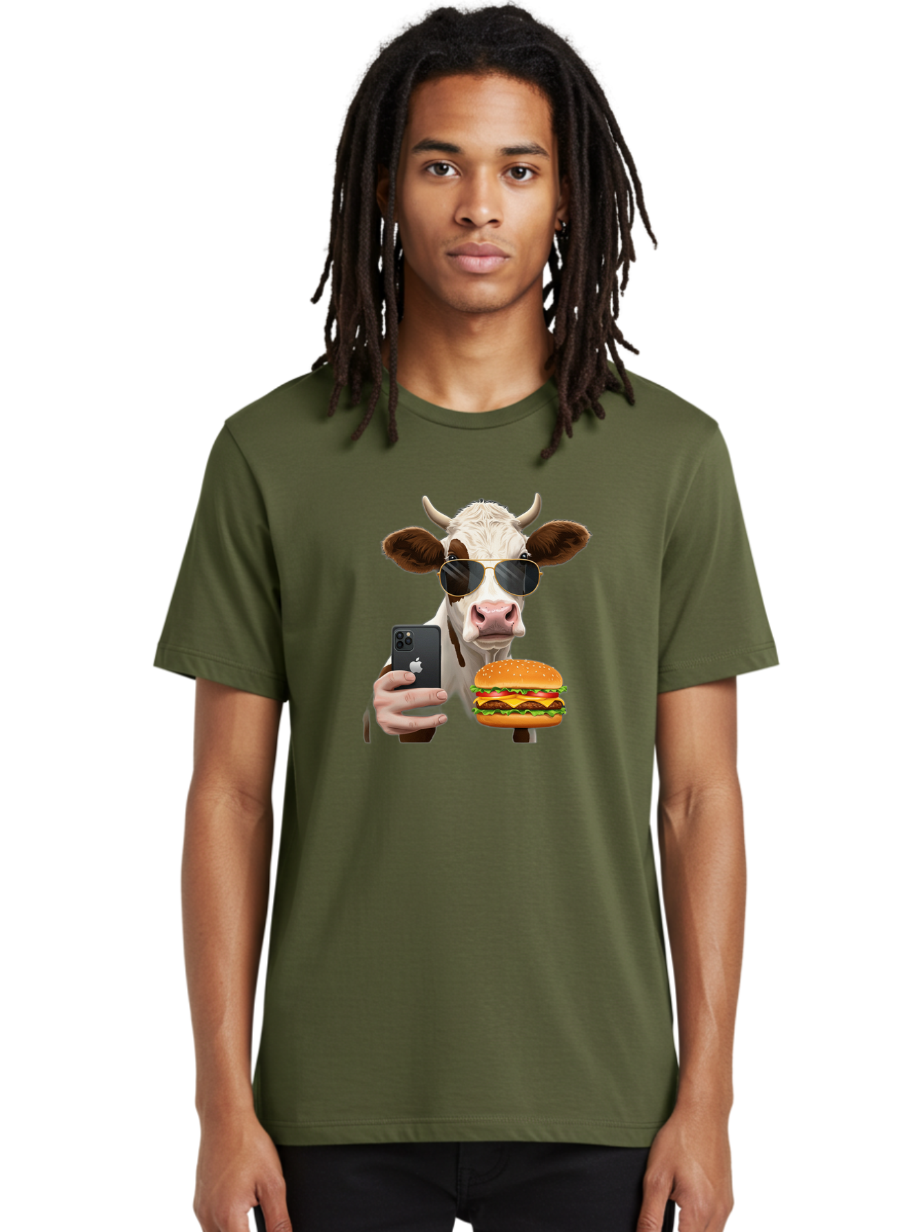Cow-With-Iphone-And-Burger Men'S Graphic Tee, 100% Cotton, Comfortable Casual Summer Wear, Machine Washable, Vintage Camera, Old Camera, Antique Camera, Black Camera, Classic Photography, Photography Equipment, Nostalgic Device, Film Camera, Bah822