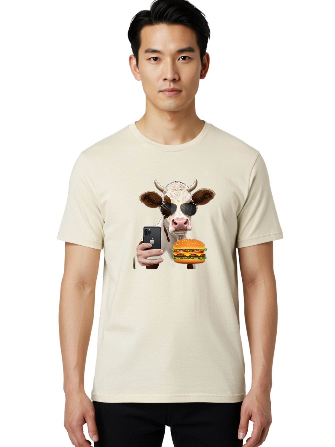 Cow-With-Iphone-And-Burger Men'S Graphic Tee, 100% Cotton, Comfortable Casual Summer Wear, Machine Washable, Vintage Camera, Old Camera, Antique Camera, Black Camera, Classic Photography, Photography Equipment, Nostalgic Device, Film Camera, Bah822