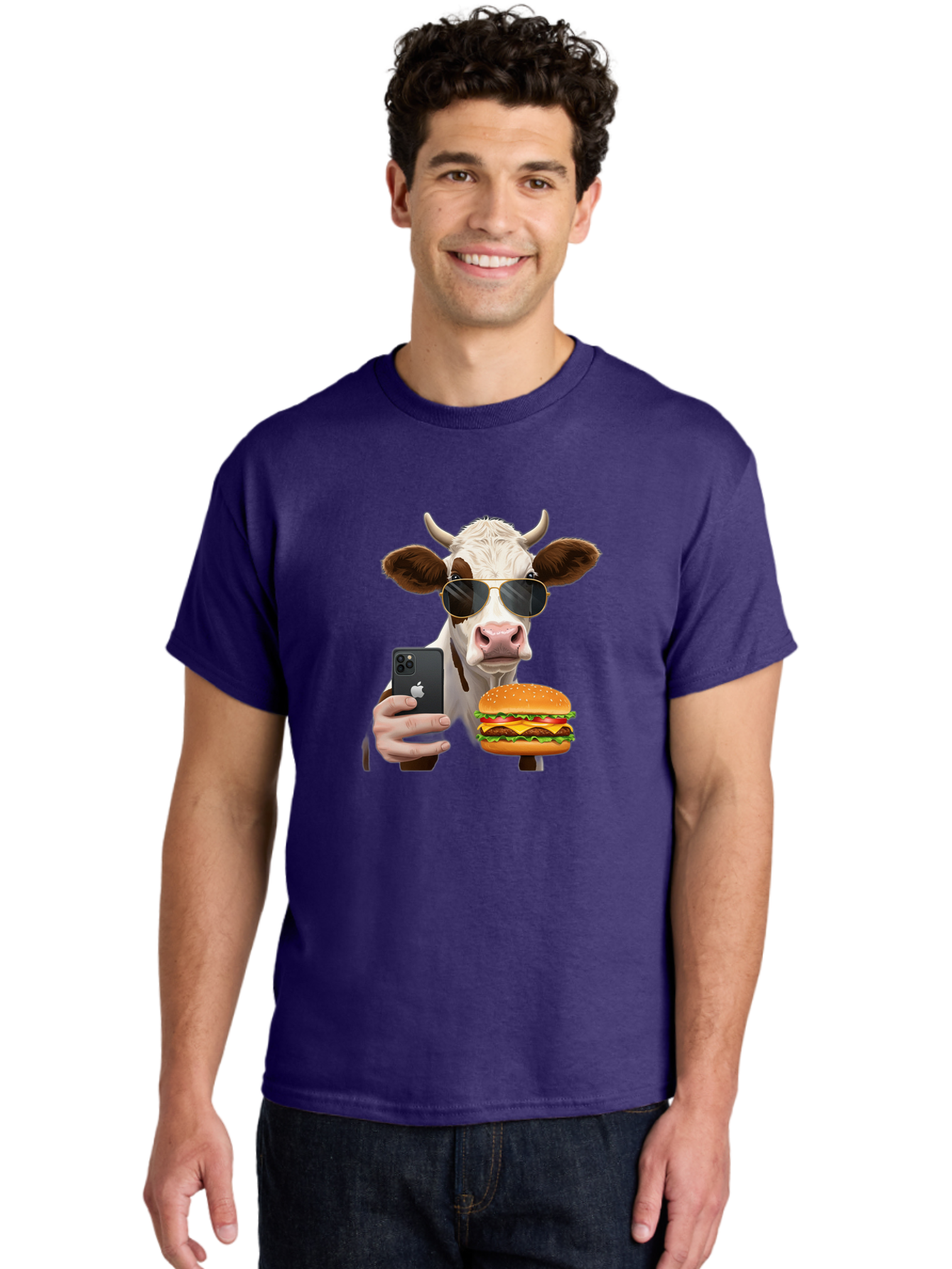 Cow-With-Iphone-And-Burger Men'S Graphic Tee, 100% Cotton, Comfortable Casual Summer Wear, Machine Washable, Vintage Camera, Old Camera, Antique Camera, Black Camera, Classic Photography, Photography Equipment, Nostalgic Device, Film Camera, Bah822