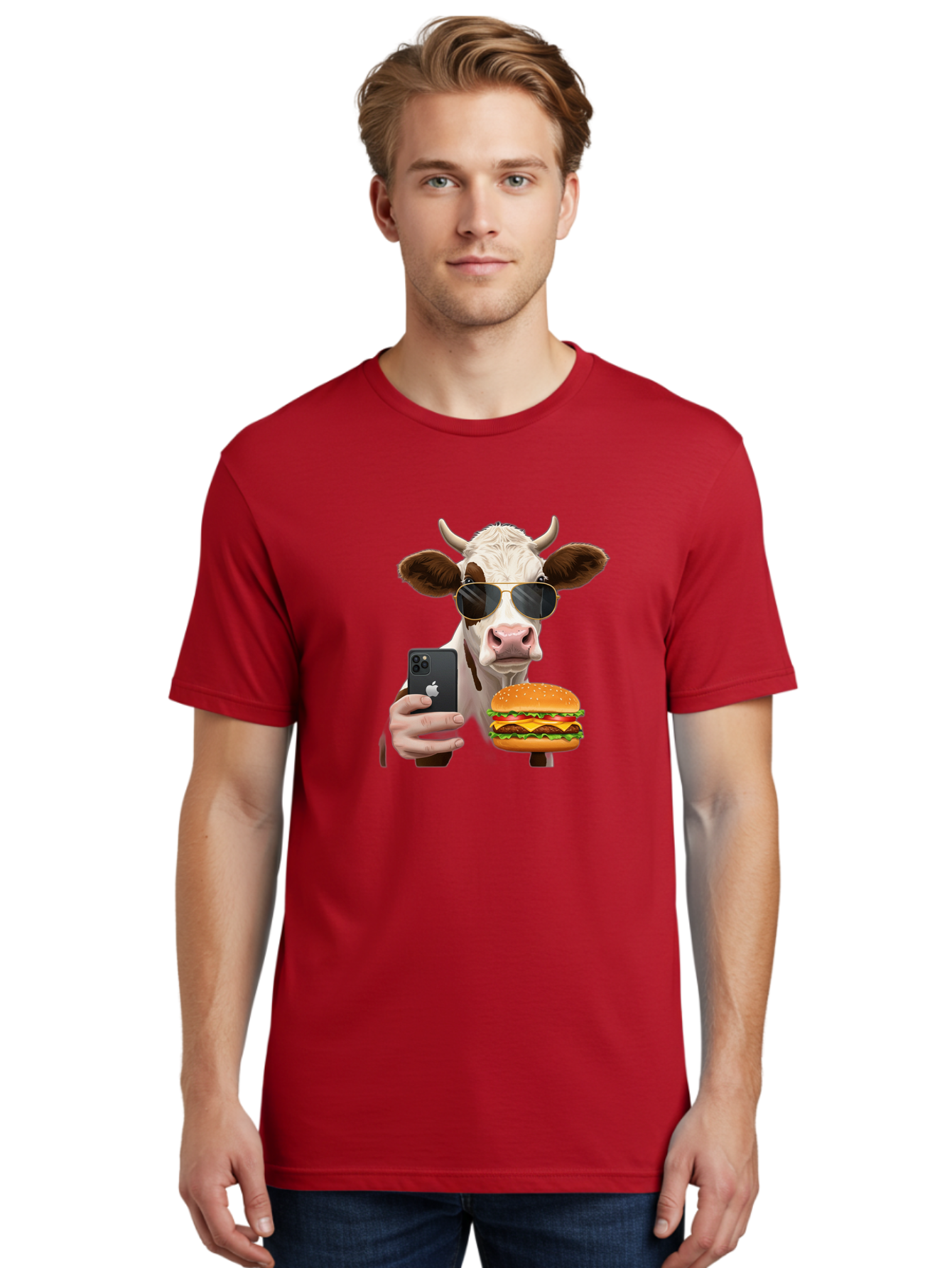 Cow-With-Iphone-And-Burger Men'S Graphic Tee, 100% Cotton, Comfortable Casual Summer Wear, Machine Washable, Vintage Camera, Old Camera, Antique Camera, Black Camera, Classic Photography, Photography Equipment, Nostalgic Device, Film Camera, Bah822