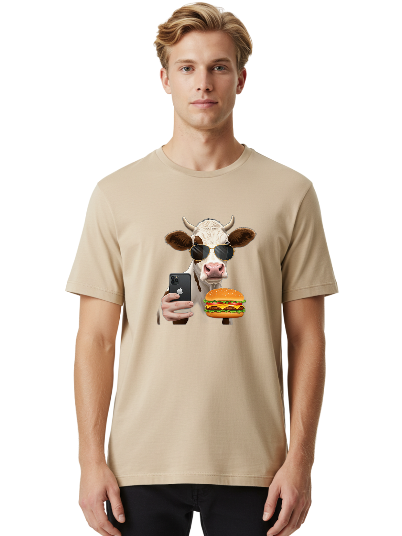 Cow-With-Iphone-And-Burger Men'S Graphic Tee, 100% Cotton, Comfortable Casual Summer Wear, Machine Washable, Vintage Camera, Old Camera, Antique Camera, Black Camera, Classic Photography, Photography Equipment, Nostalgic Device, Film Camera, Bah822