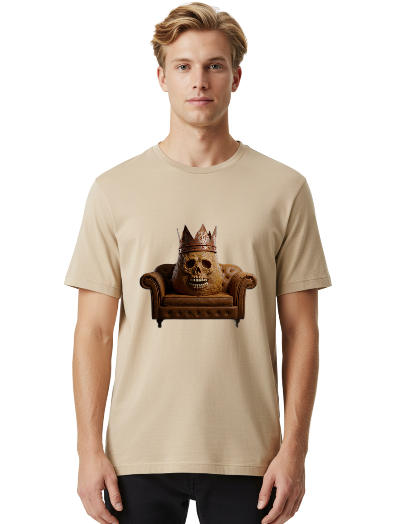 Crowned-Skull-On-Leather-Sofa Men'S Graphic Tee, 100% Cotton, Comfortable Casual Summer Wear, Machine Washable, Vintage Camera, Old Camera, Antique Camera, Black Camera, Classic Photography, Photography Equipment, Nostalgic Device, Bah832