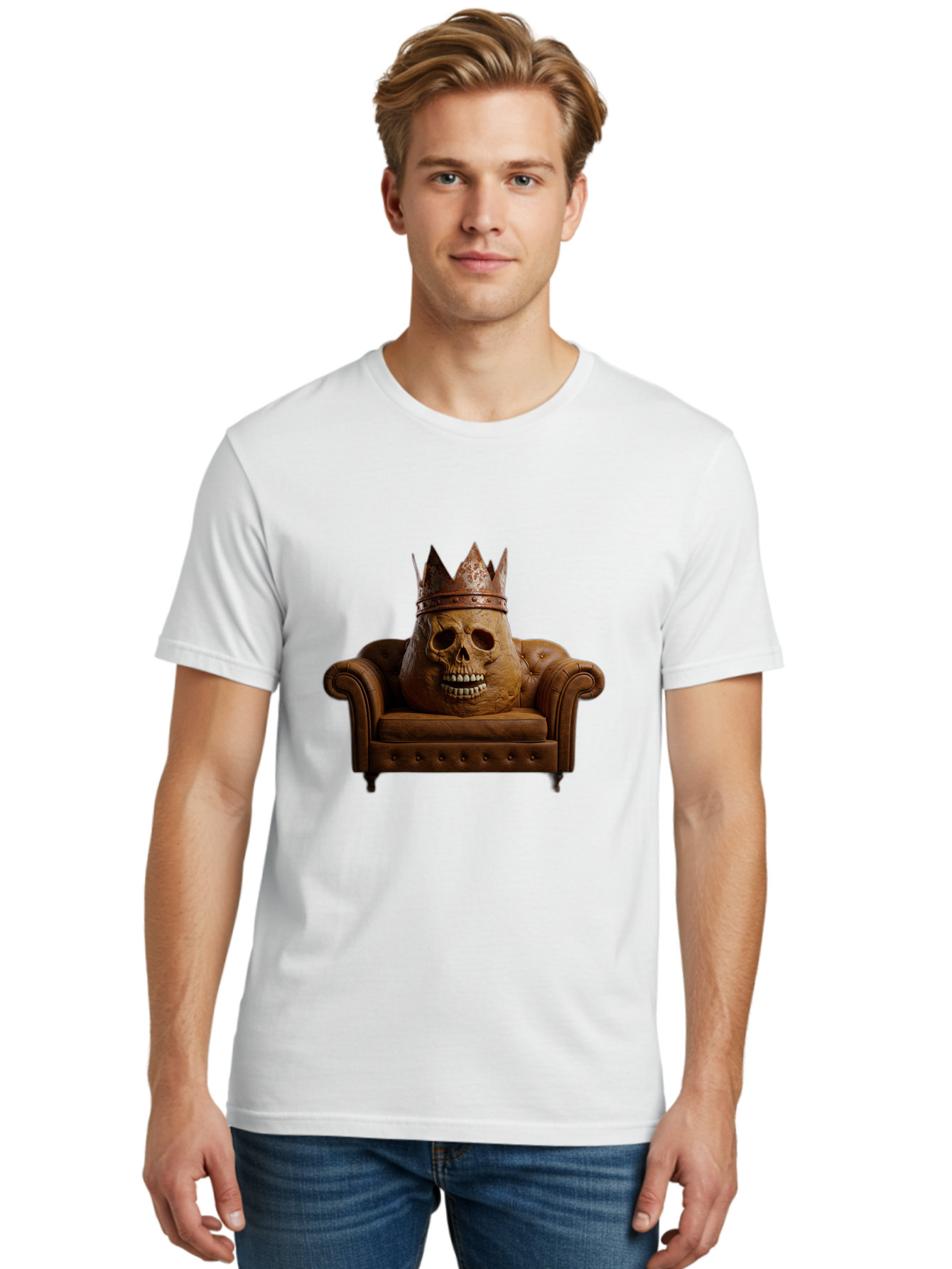 Crowned-Skull-On-Leather-Sofa Men'S Graphic Tee, 100% Cotton, Comfortable Casual Summer Wear, Machine Washable, Vintage Camera, Old Camera, Antique Camera, Black Camera, Classic Photography, Photography Equipment, Nostalgic Device, Bah832