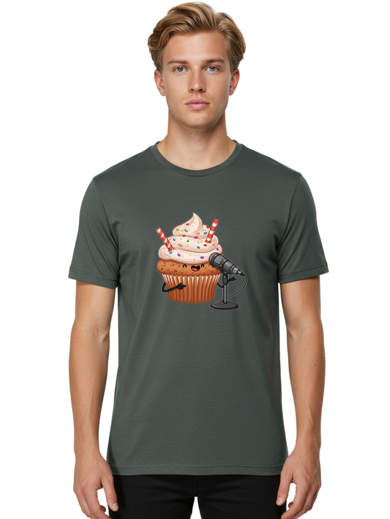 Cupcake-With-Microphone-1 Men'S Graphic Tee, 100% Cotton, Comfortable Casual Summer Wear, Machine Washable, Vintage Camera, Old Camera, Antique Camera, Black Camera, Classic Photography, Photography Equipment, Nostalgic Device, Film Camera, Bah870