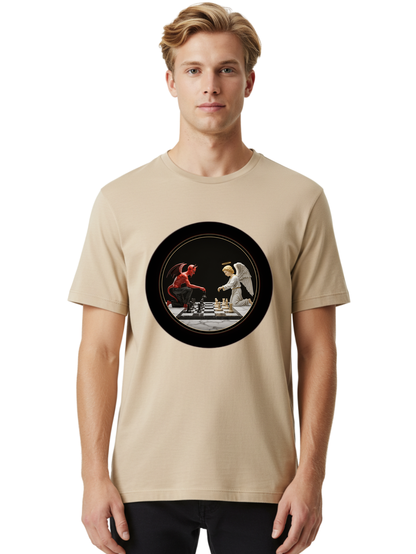 Devil-Vs-Angel-Chess-2 Men'S Graphic Tee, 100% Cotton, Comfortable Casual Summer Wear, Machine Washable, Vintage Camera, Old Camera, Antique Camera, Black Camera, Classic Photography, Photography Equipment, Nostalgic Device, Film Camera, Bah904