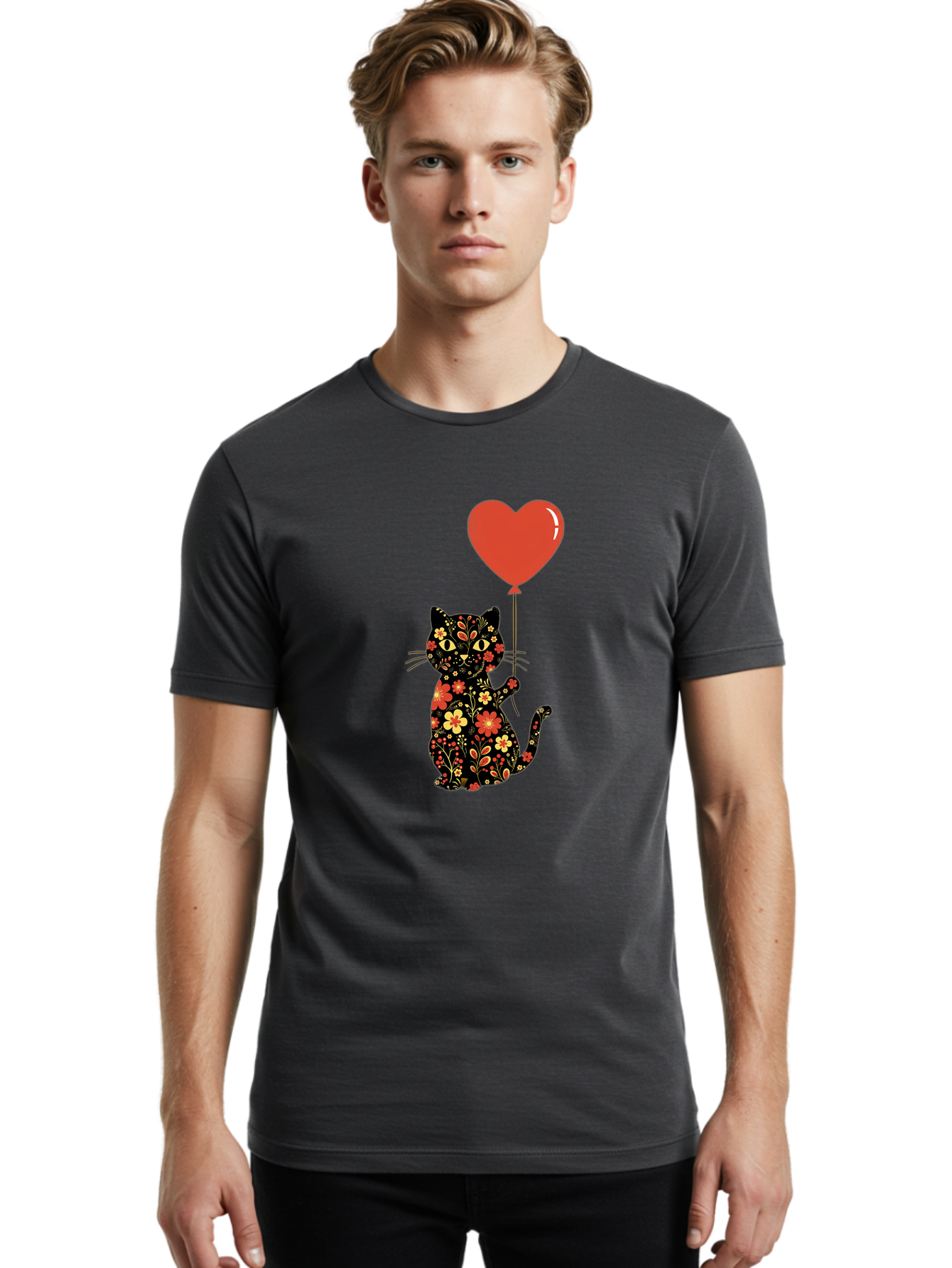 Floral-Cat-Heart-Balloon-1 Men'S Graphic Tee, 100% Cotton, Comfortable Casual Summer Wear, Machine Washable, Vintage Camera, Old Camera, Antique Camera, Black Camera, Classic Photography, Photography Equipment, Nostalgic Device, Film Camera, Bah996