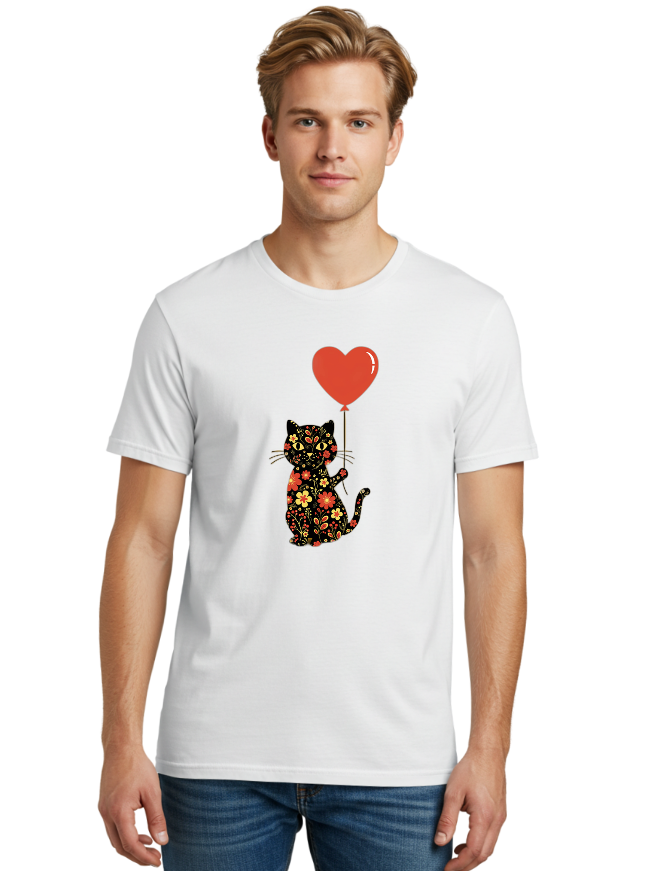 Floral-Cat-Heart-Balloon-1 Men'S Graphic Tee, 100% Cotton, Comfortable Casual Summer Wear, Machine Washable, Vintage Camera, Old Camera, Antique Camera, Black Camera, Classic Photography, Photography Equipment, Nostalgic Device, Film Camera, Bah996