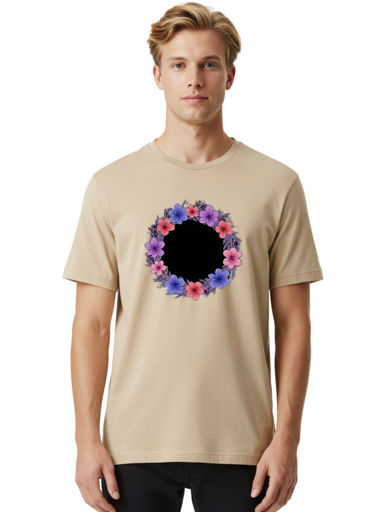 Floral-Wreath-3 Men'S Graphic Tee, 100% Cotton, Comfortable Casual Summer Wear, Machine Washable, Vintage Camera, Old Camera, Antique Camera, Black Camera, Classic Photography, Photography Equipment, Nostalgic Device, Film Camera, Camera Art Bai004