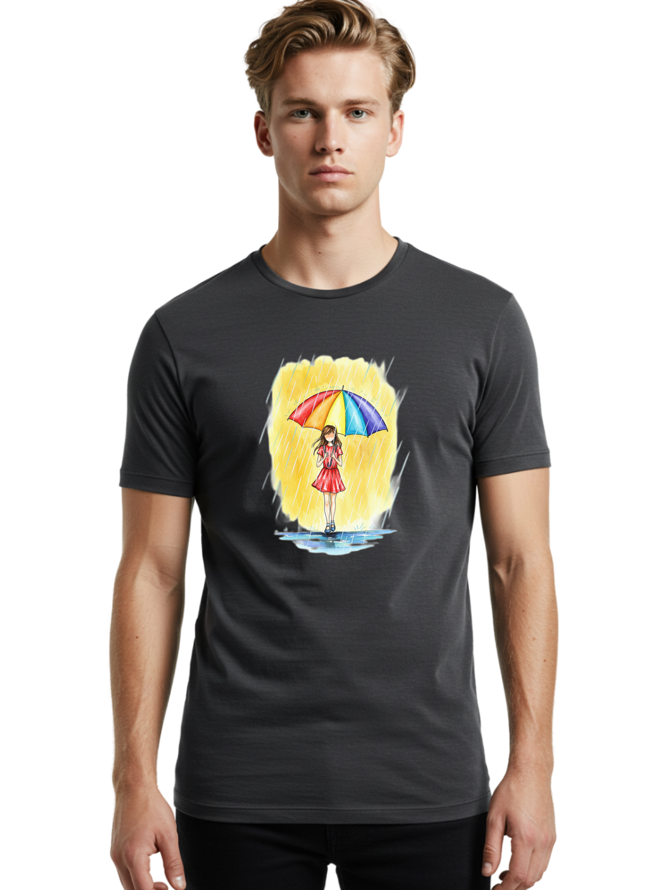 Girl-In-Red-Dress-With-Rainbow-Umbrella Men'S Graphic Tee, 100% Cotton, Comfortable Casual Summer Wear, Machine Washable, Vintage Camera, Old Camera, Antique Camera, Black Camera, Classic Photography, Photography Equipment, Nostalgic Device, Bai027