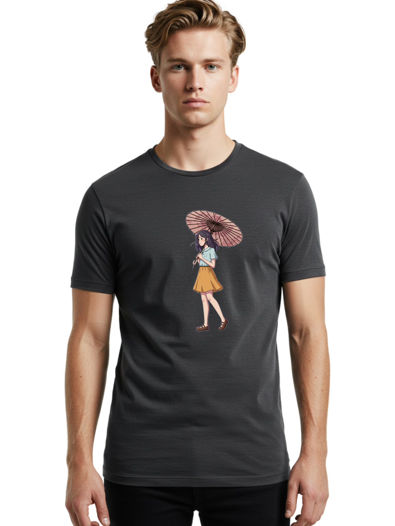 Girl-With-Parasol-4 Men'S Graphic Tee, 100% Cotton, Comfortable Casual Summer Wear, Machine Washable, Vintage Camera, Old Camera, Antique Camera, Black Camera, Classic Photography, Photography Equipment, Nostalgic Device, Film Camera, Bai033