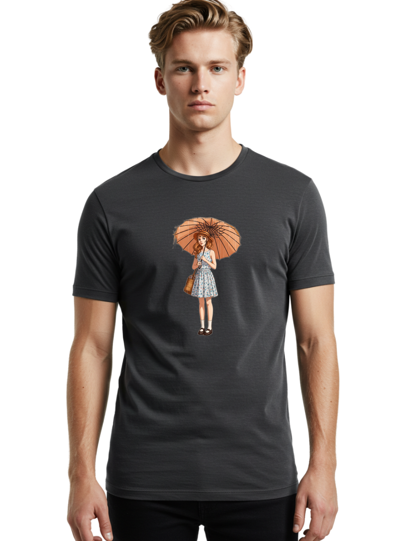 Girl-With-Umbrella-2 Men'S Graphic Tee, 100% Cotton, Comfortable Casual Summer Wear, Machine Washable, Vintage Camera, Old Camera, Antique Camera, Black Camera, Classic Photography, Photography Equipment, Nostalgic Device, Film Camera, Bai038