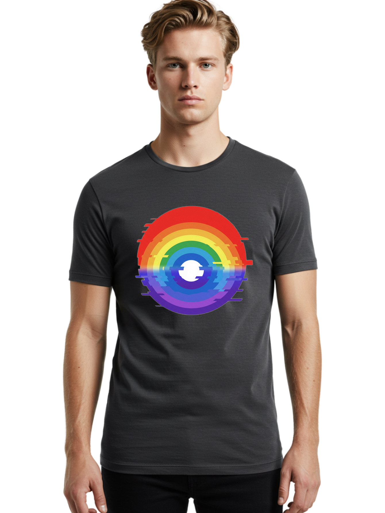 Glitch-Rainbow-Circle Men'S Graphic Tee, 100% Cotton, Comfortable Casual Summer Wear, Machine Washable, Vintage Camera, Old Camera, Antique Camera, Black Camera, Classic Photography, Photography Equipment, Nostalgic Device, Film Camera, Bai043
