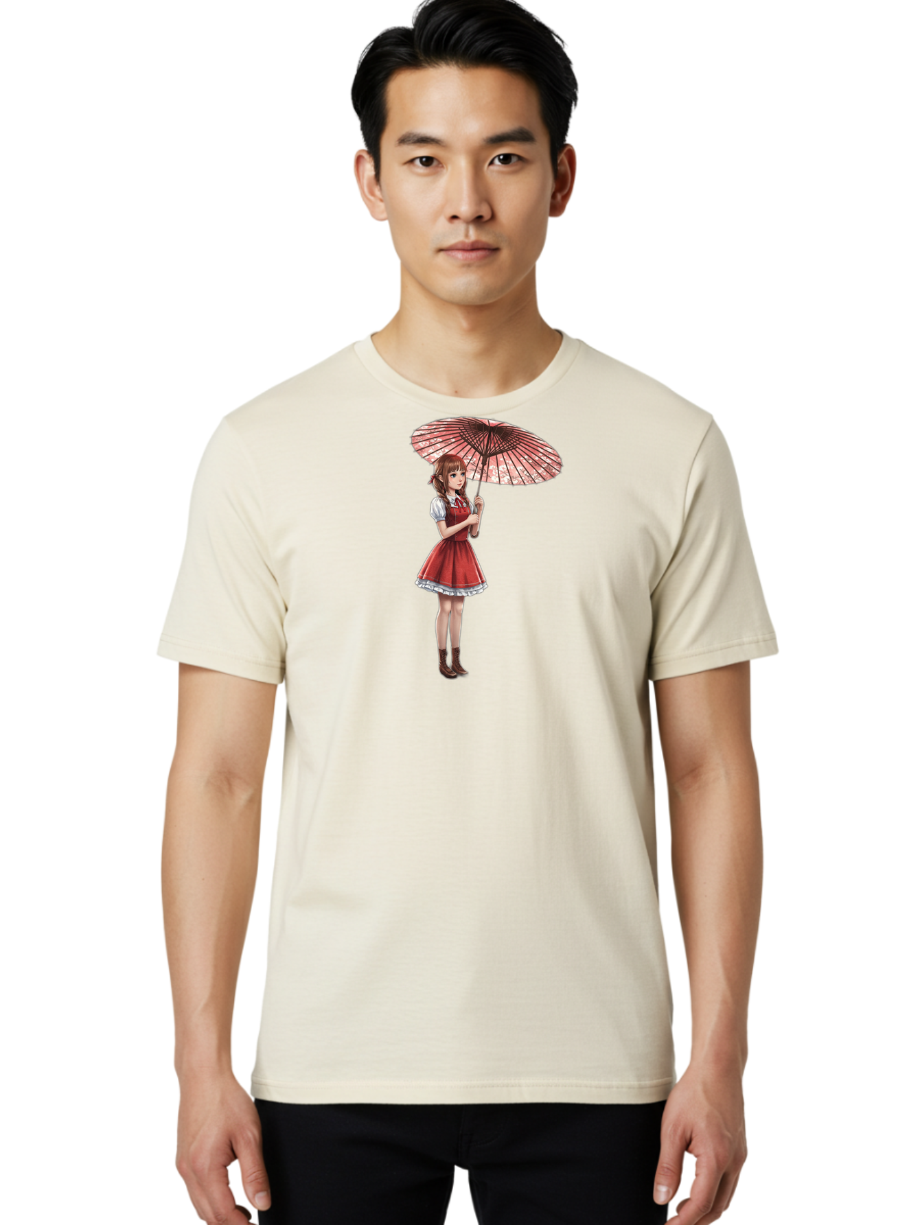 Illustration-Of-Girl-With-Parasol Men'S Graphic Tee, 100% Cotton, Comfortable Casual Summer Wear, Machine Washable, Vintage Camera, Old Camera, Antique Camera, Black Camera, Classic Photography, Photography Equipment, Nostalgic Device, Bai077