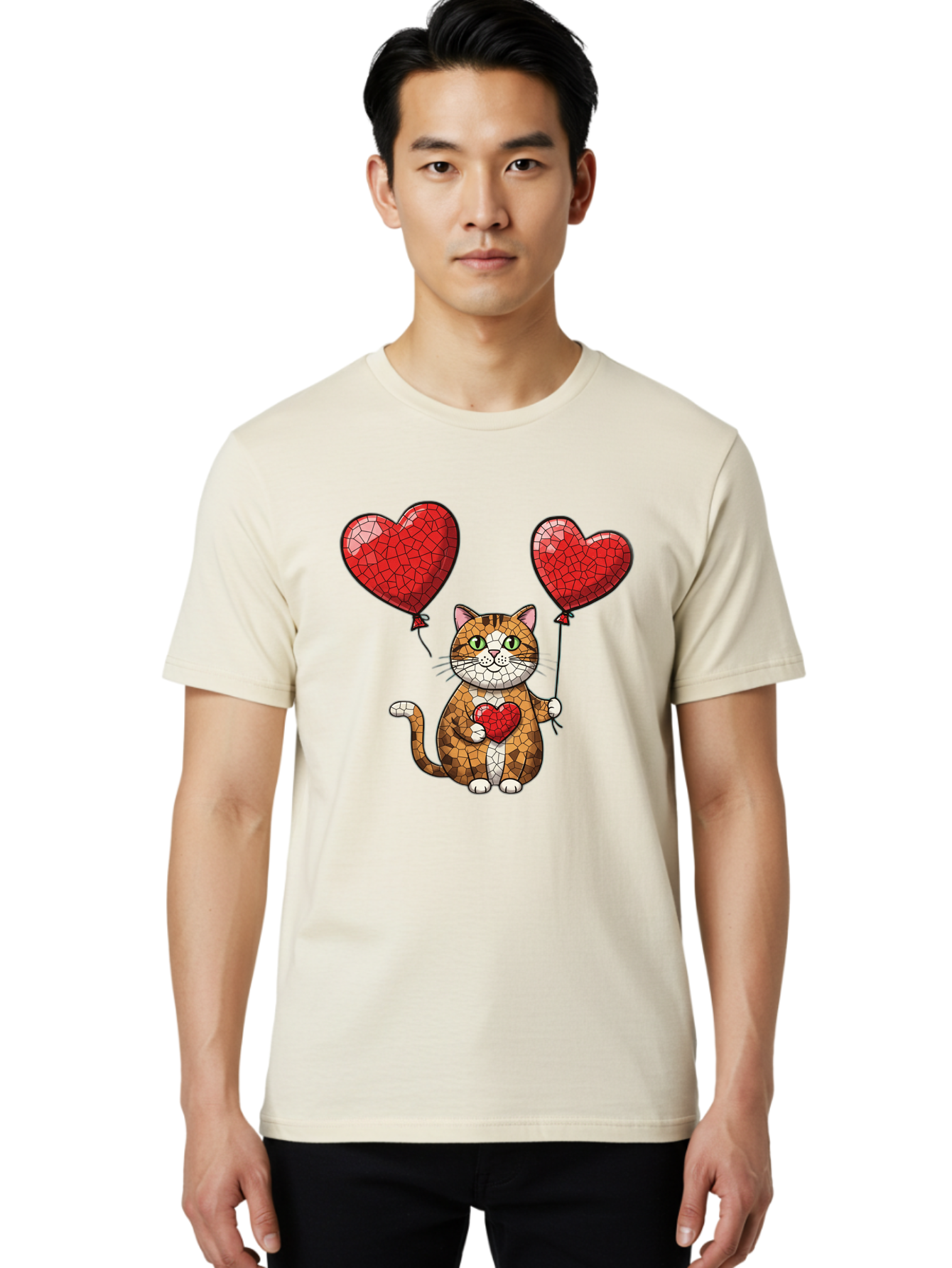 Mosaic-Cat-With-Heart-Balloons Men'S Graphic Tee, 100% Cotton, Comfortable Casual Summer Wear, Machine Washable, Vintage Camera, Old Camera, Antique Camera, Black Camera, Classic Photography, Photography Equipment, Nostalgic Device, Bai165