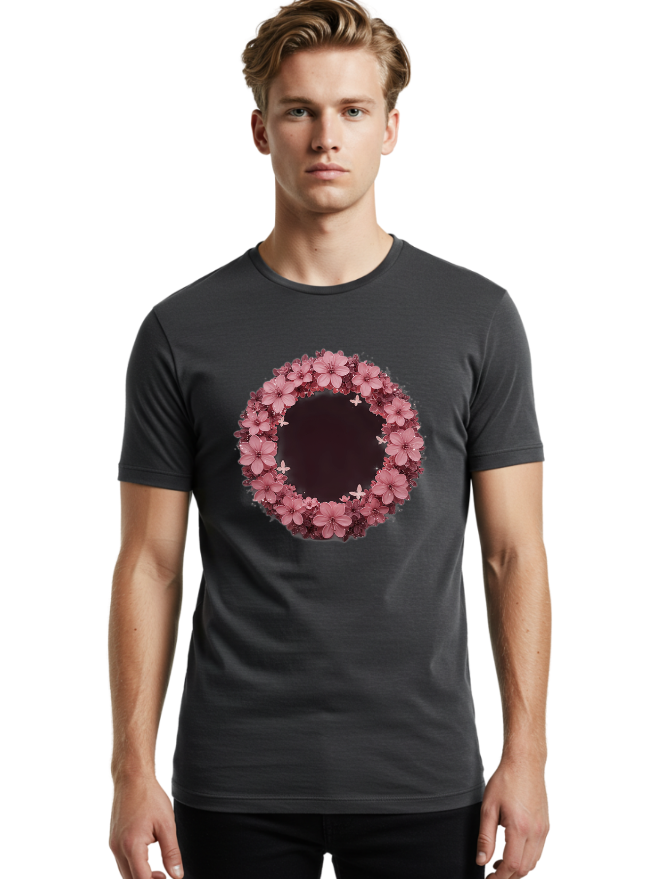 Pink-Flowers-Wreath Men'S Graphic Tee, 100% Cotton, Comfortable Casual Summer Wear, Machine Washable, Vintage Camera, Old Camera, Antique Camera, Black Camera, Classic Photography, Photography Equipment, Nostalgic Device, Film Camera, Bai224