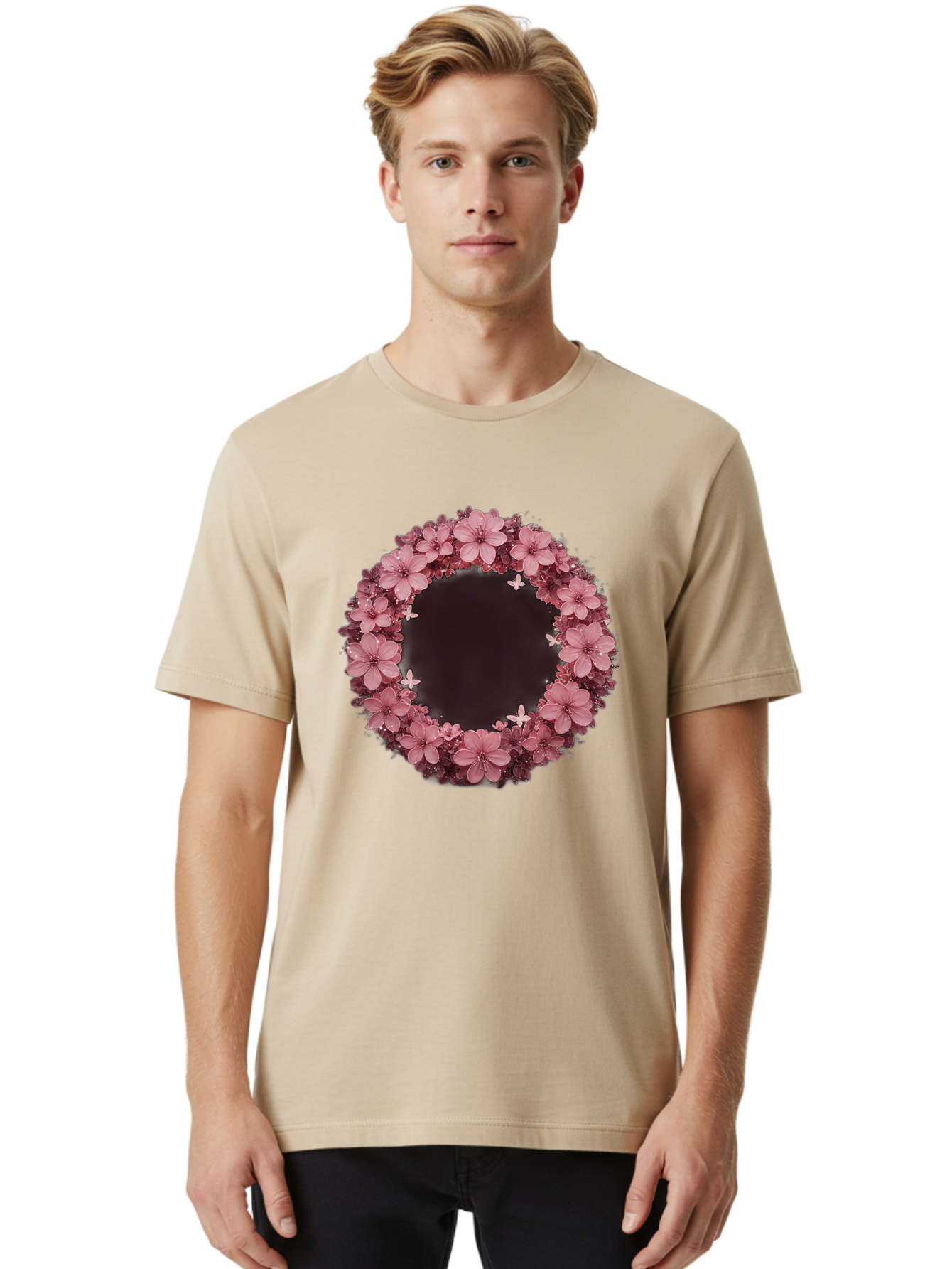 Pink-Flowers-Wreath Men'S Graphic Tee, 100% Cotton, Comfortable Casual Summer Wear, Machine Washable, Vintage Camera, Old Camera, Antique Camera, Black Camera, Classic Photography, Photography Equipment, Nostalgic Device, Film Camera, Bai224