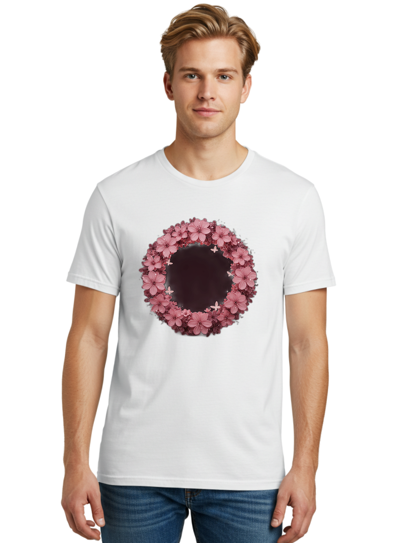 Pink-Flowers-Wreath Men'S Graphic Tee, 100% Cotton, Comfortable Casual Summer Wear, Machine Washable, Vintage Camera, Old Camera, Antique Camera, Black Camera, Classic Photography, Photography Equipment, Nostalgic Device, Film Camera, Bai224