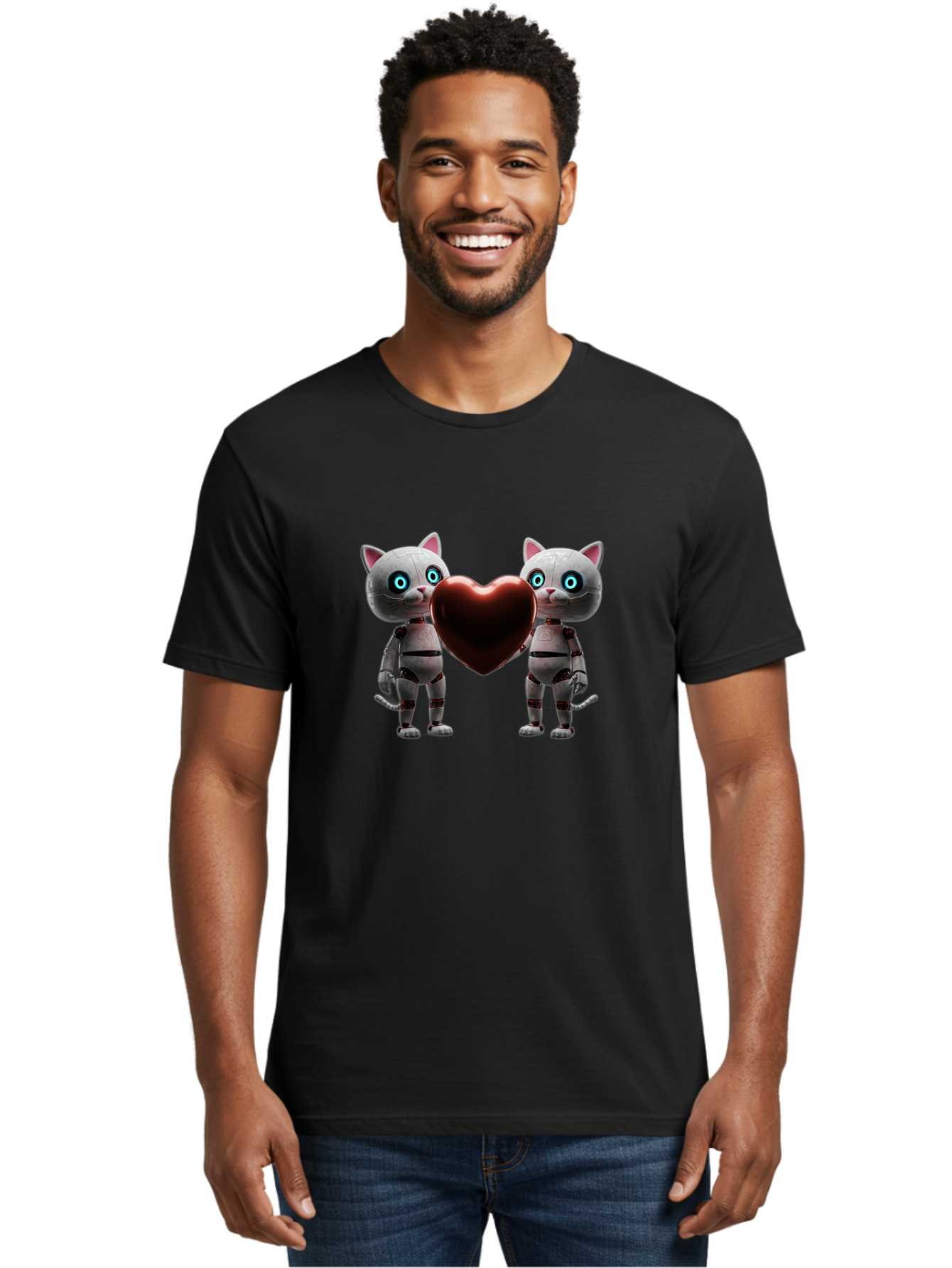 Robotic-Cats-Holding-Heart Men'S Graphic Tee, 100% Cotton, Comfortable Casual Summer Wear, Machine Washable, Vintage Camera, Old Camera, Antique Camera, Black Camera, Classic Photography, Photography Equipment, Nostalgic Device, Film Camera, Bai304