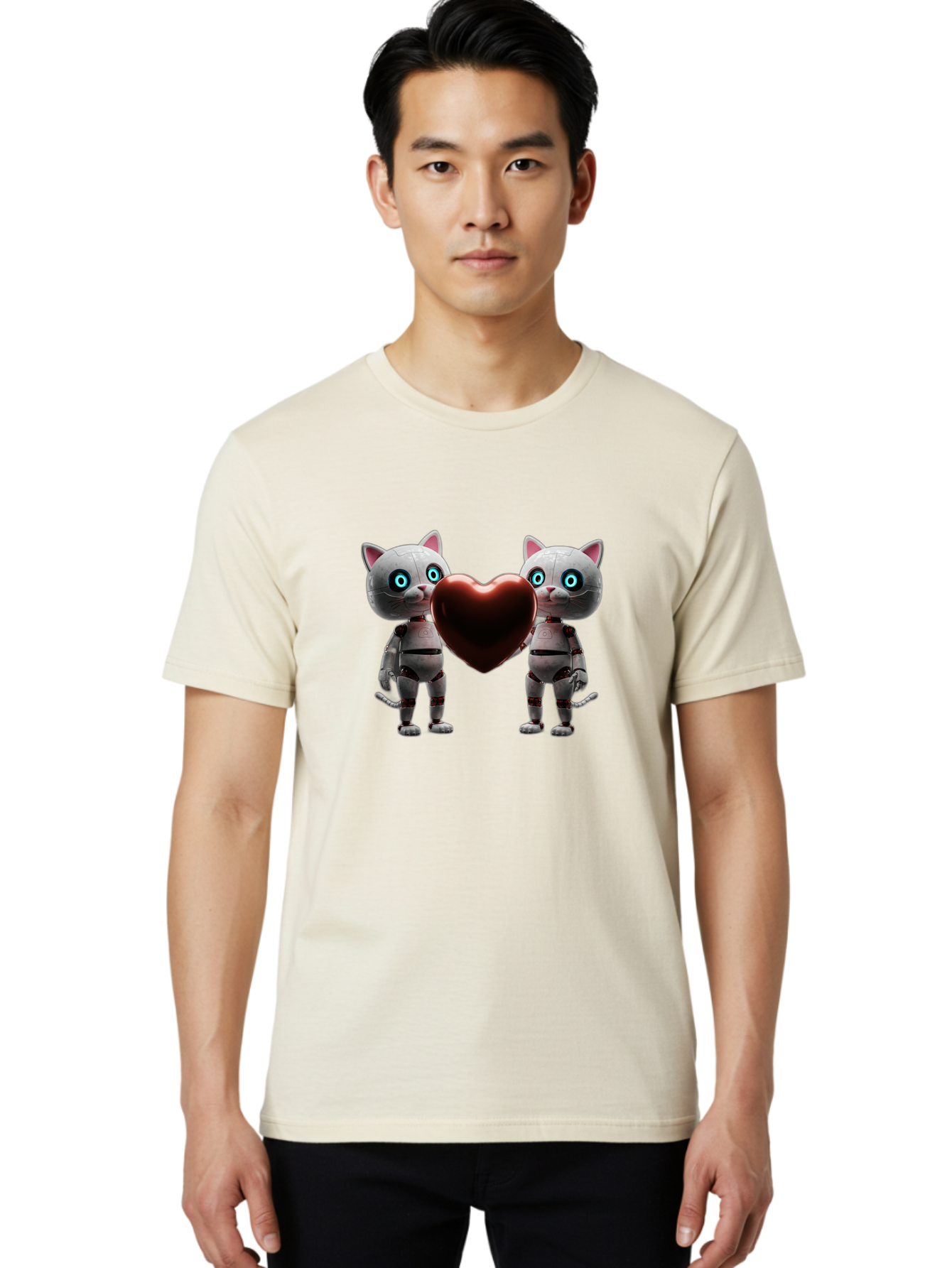 Robotic-Cats-Holding-Heart Men'S Graphic Tee, 100% Cotton, Comfortable Casual Summer Wear, Machine Washable, Vintage Camera, Old Camera, Antique Camera, Black Camera, Classic Photography, Photography Equipment, Nostalgic Device, Film Camera, Bai304