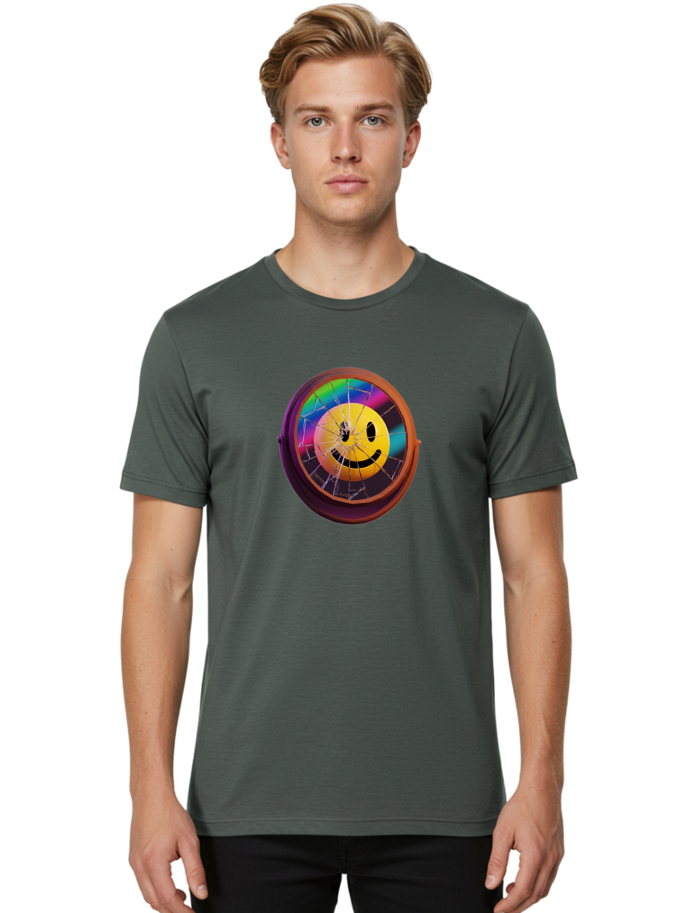Shattered-Smiley-Face-Cd Men'S Graphic Tee, 100% Cotton, Comfortable Casual Summer Wear, Machine Washable, Vintage Camera, Old Camera, Antique Camera, Black Camera, Classic Photography, Photography Equipment, Nostalgic Device, Film Camera, Bai352