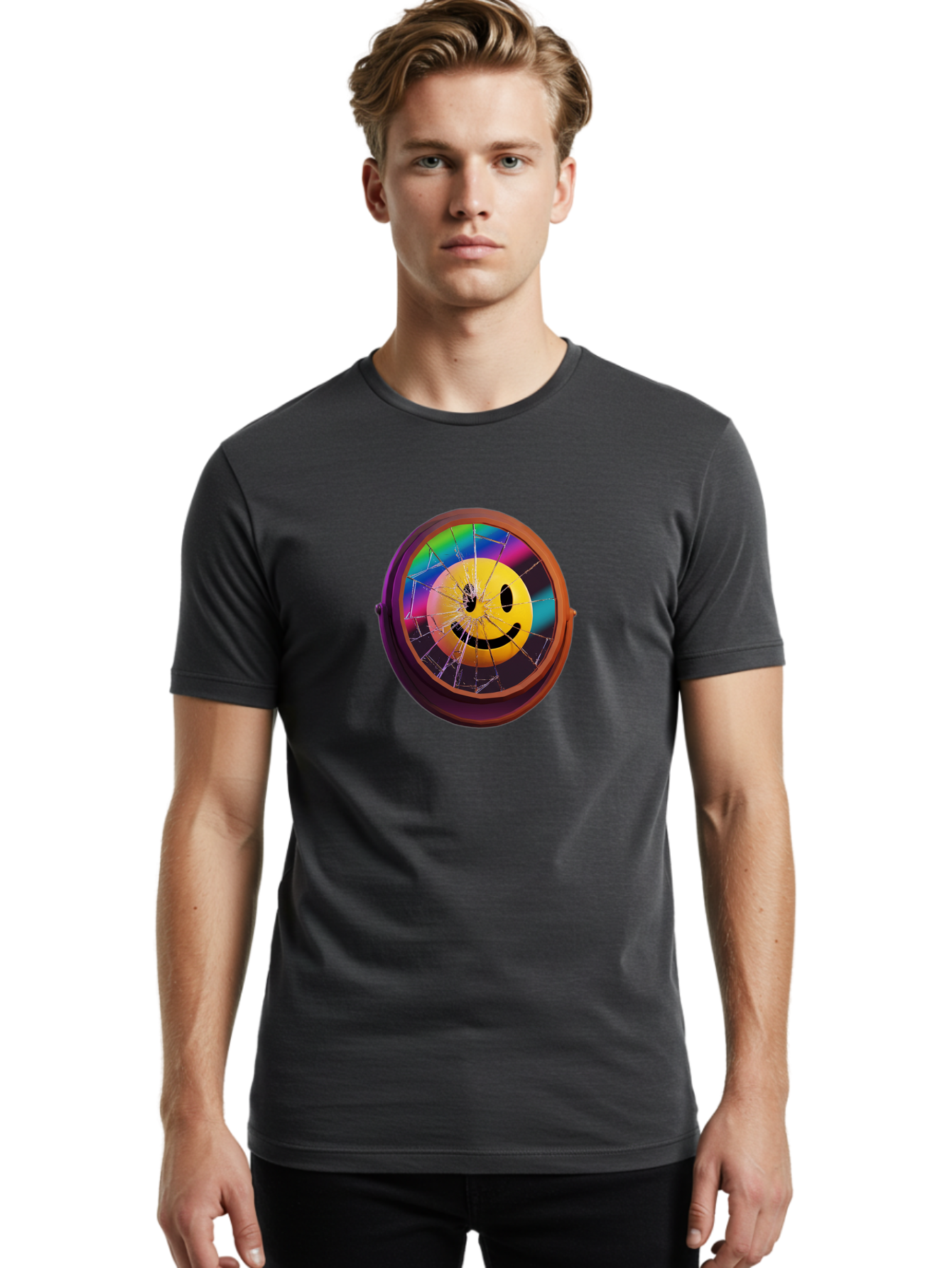 Shattered-Smiley-Face-Cd Men'S Graphic Tee, 100% Cotton, Comfortable Casual Summer Wear, Machine Washable, Vintage Camera, Old Camera, Antique Camera, Black Camera, Classic Photography, Photography Equipment, Nostalgic Device, Film Camera, Bai352