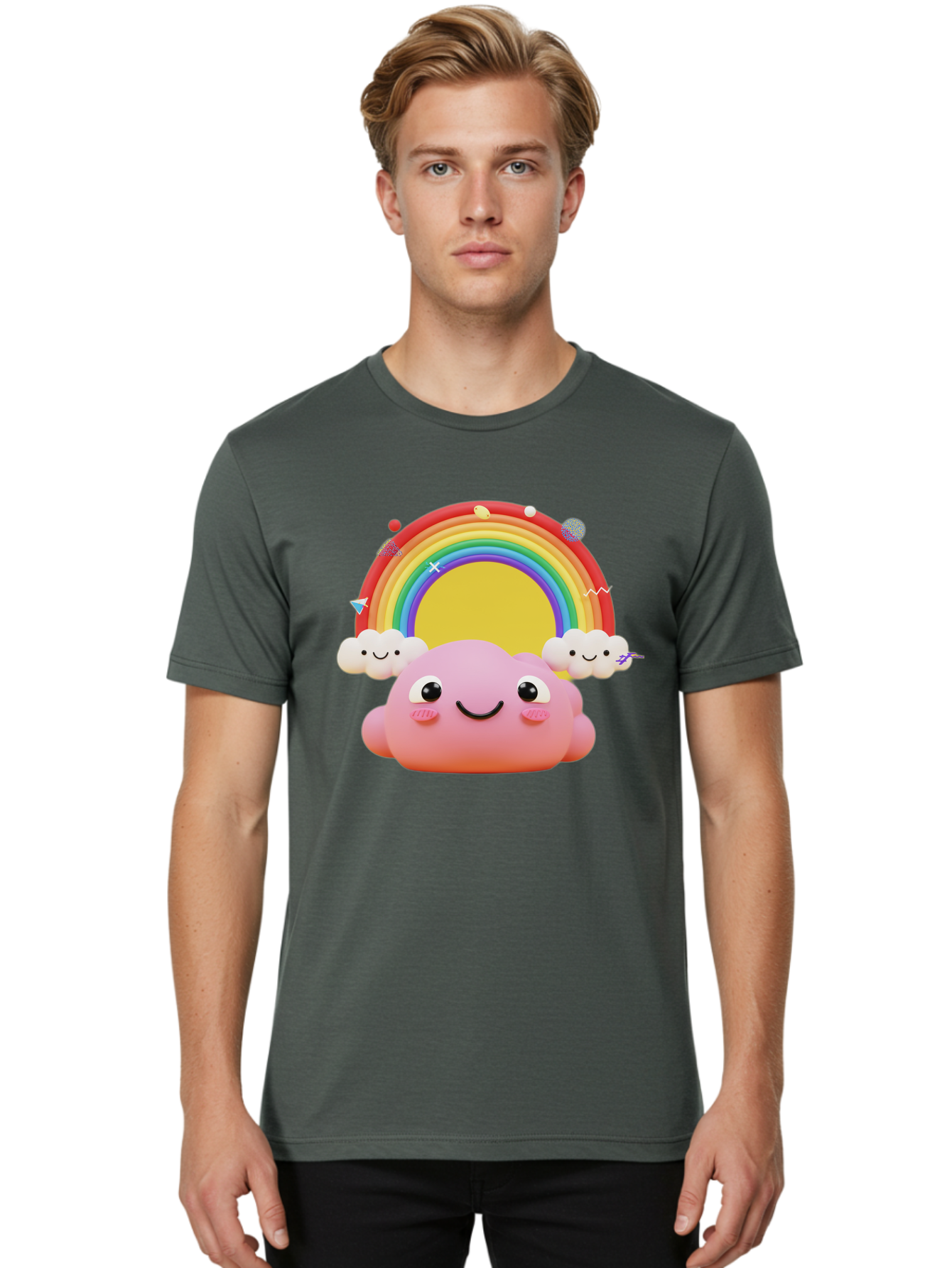 Smiling-Pink-Cloud-With-Rainbow Men'S Graphic Tee, 100% Cotton, Comfortable Casual Summer Wear, Machine Washable, Vintage Camera, Old Camera, Antique Camera, Black Camera, Classic Photography, Photography Equipment, Nostalgic Device, Bai389