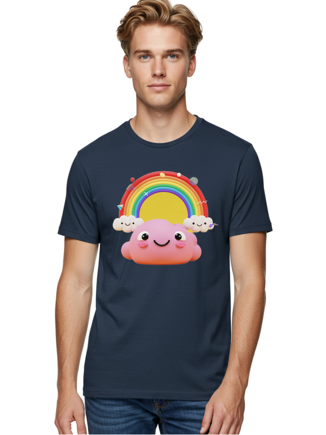 Smiling-Pink-Cloud-With-Rainbow Men'S Graphic Tee, 100% Cotton, Comfortable Casual Summer Wear, Machine Washable, Vintage Camera, Old Camera, Antique Camera, Black Camera, Classic Photography, Photography Equipment, Nostalgic Device, Bai389