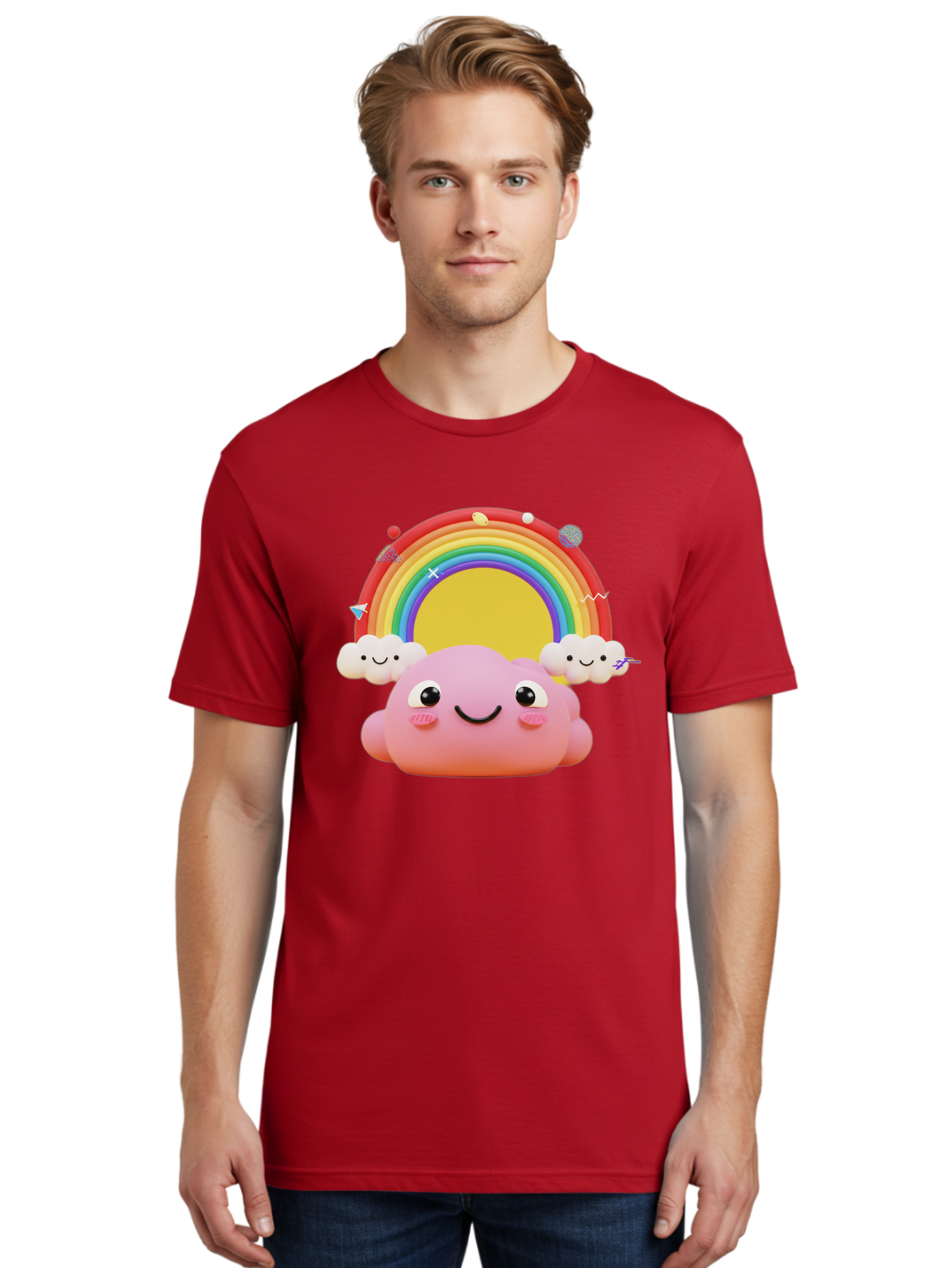 Smiling-Pink-Cloud-With-Rainbow Men'S Graphic Tee, 100% Cotton, Comfortable Casual Summer Wear, Machine Washable, Vintage Camera, Old Camera, Antique Camera, Black Camera, Classic Photography, Photography Equipment, Nostalgic Device, Bai389