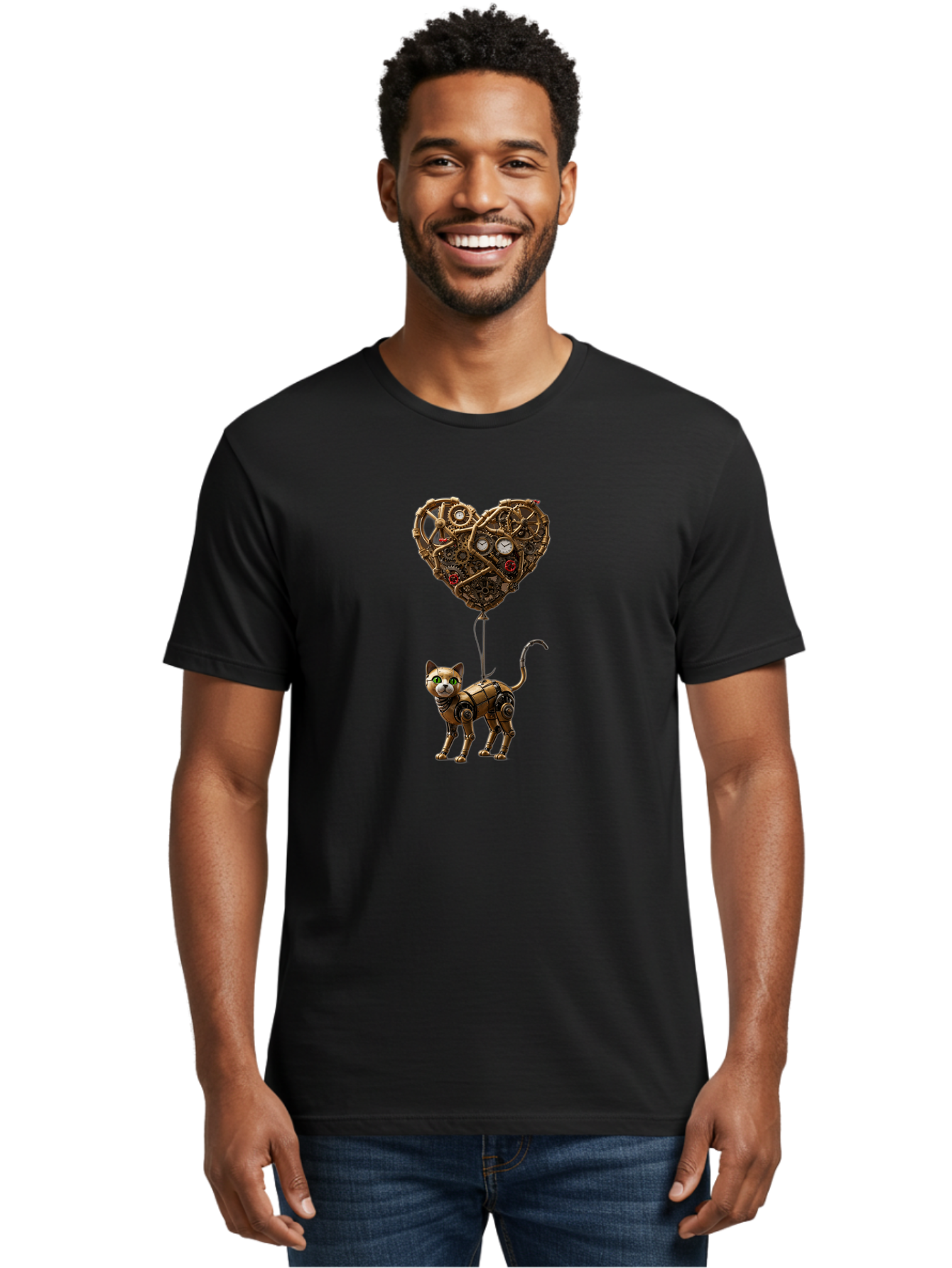 Steampunk-Cat-Heart-Balloon Men'S Graphic Tee, 100% Cotton, Comfortable Casual Summer Wear, Machine Washable, Vintage Camera, Old Camera, Antique Camera, Black Camera, Classic Photography, Photography Equipment, Nostalgic Device, Film Camera, Bai421