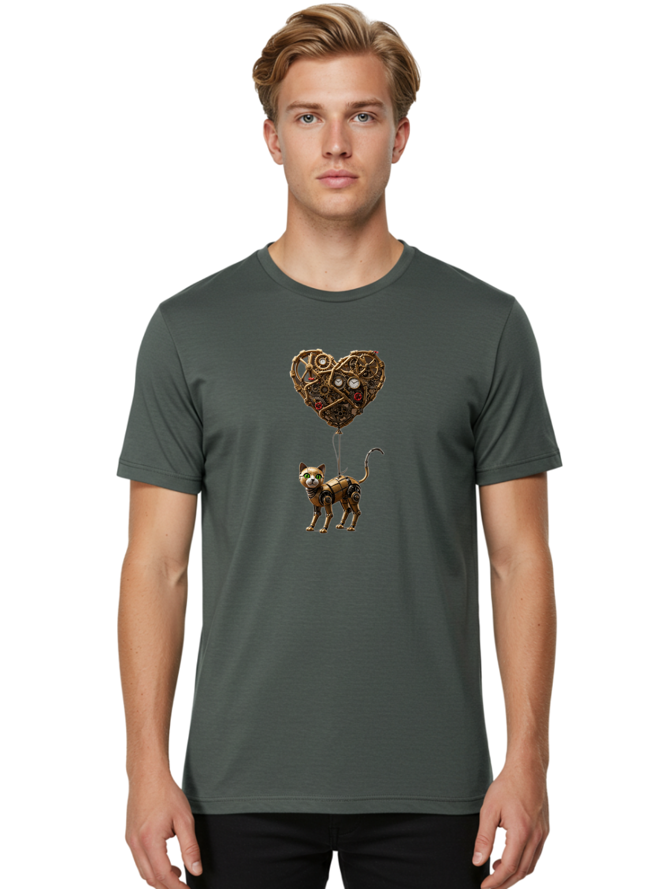 Steampunk-Cat-Heart-Balloon Men'S Graphic Tee, 100% Cotton, Comfortable Casual Summer Wear, Machine Washable, Vintage Camera, Old Camera, Antique Camera, Black Camera, Classic Photography, Photography Equipment, Nostalgic Device, Film Camera, Bai421