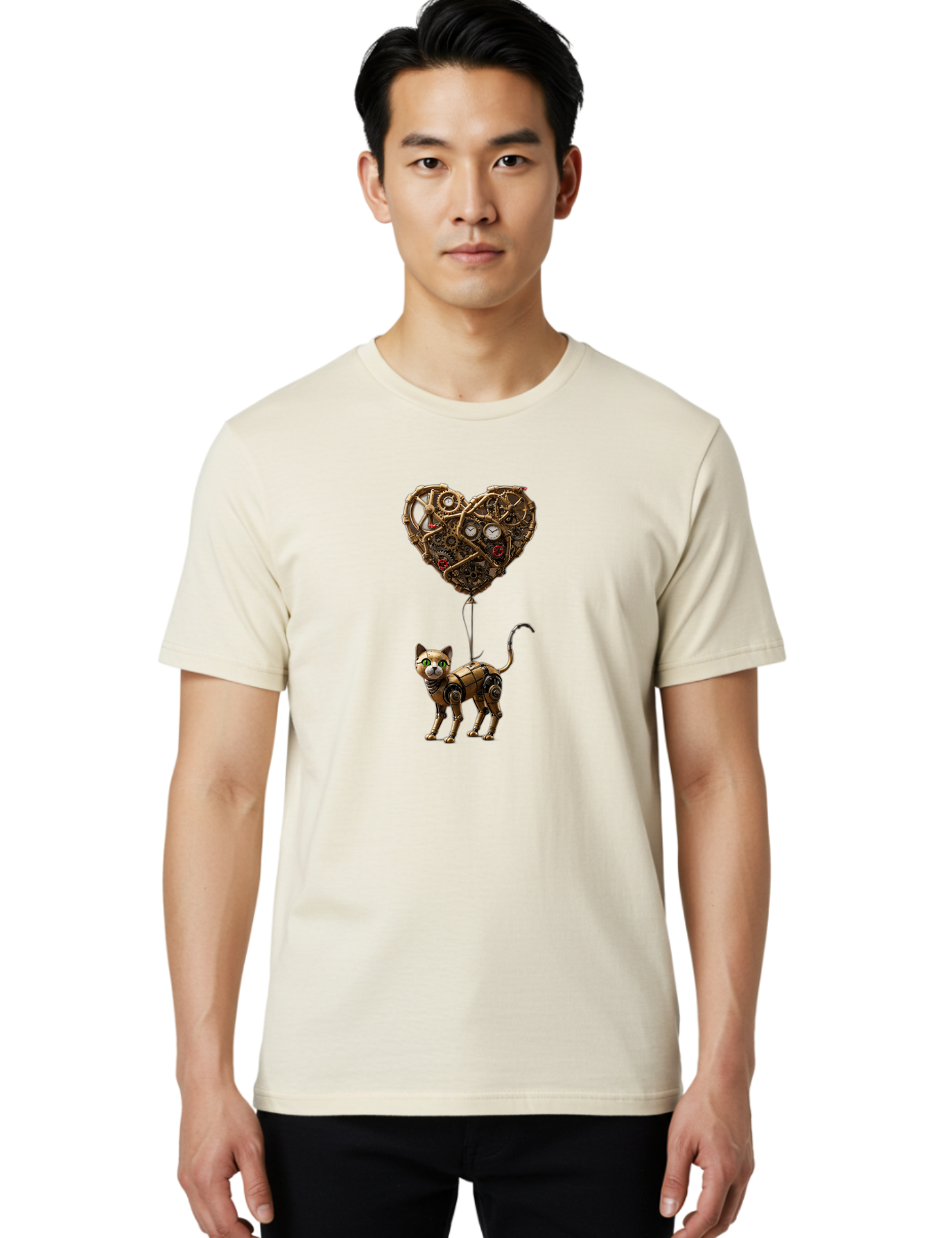 Steampunk-Cat-Heart-Balloon Men'S Graphic Tee, 100% Cotton, Comfortable Casual Summer Wear, Machine Washable, Vintage Camera, Old Camera, Antique Camera, Black Camera, Classic Photography, Photography Equipment, Nostalgic Device, Film Camera, Bai421