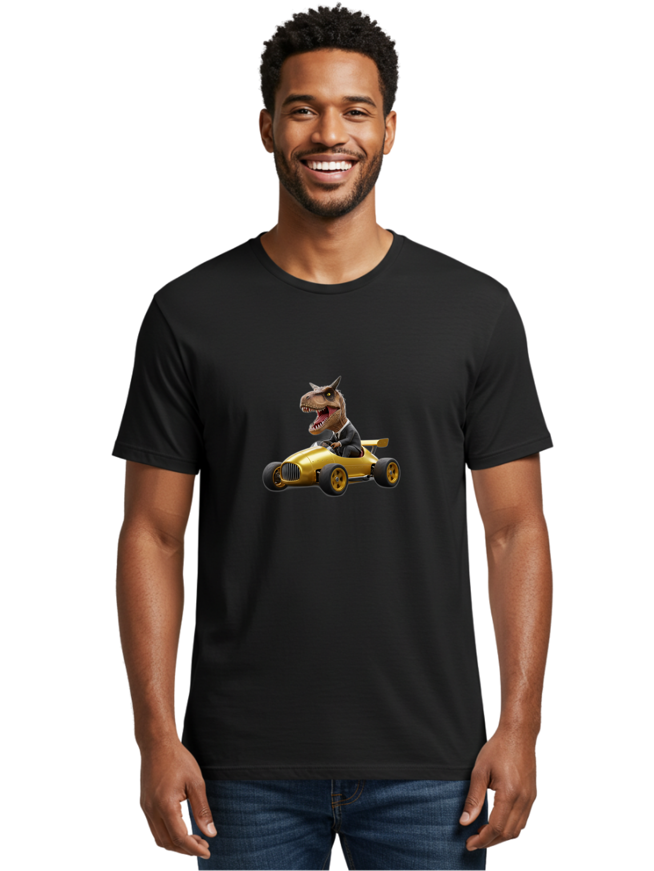 T-Rex-In-Suit-Driving-Gold-Car Men'S Graphic Tee, 100% Cotton, Comfortable Casual Summer Wear, Machine Washable, Vintage Camera, Old Camera, Antique Camera, Black Camera, Classic Photography, Photography Equipment, Nostalgic Device, Bai438