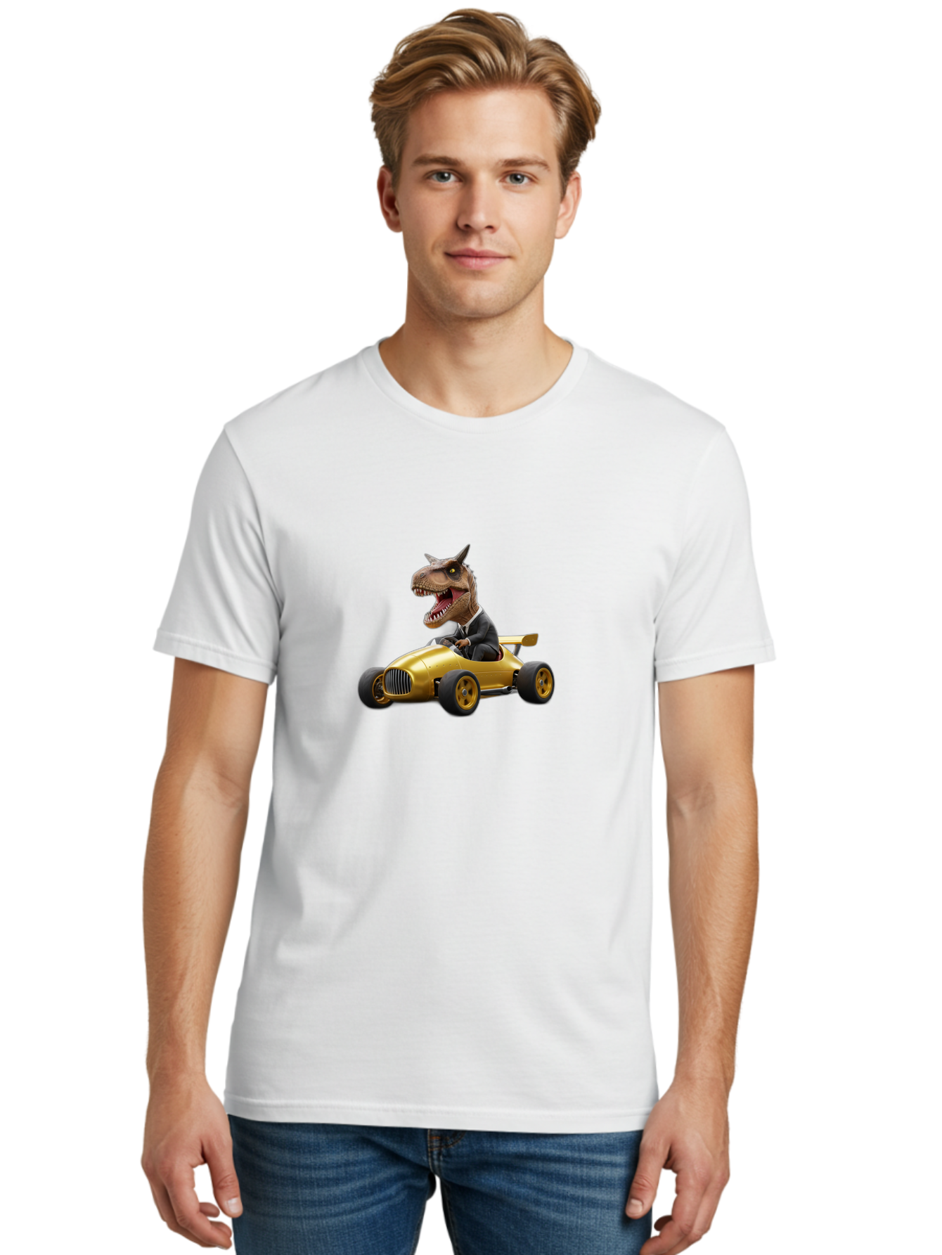 T-Rex-In-Suit-Driving-Gold-Car Men'S Graphic Tee, 100% Cotton, Comfortable Casual Summer Wear, Machine Washable, Vintage Camera, Old Camera, Antique Camera, Black Camera, Classic Photography, Photography Equipment, Nostalgic Device, Bai438