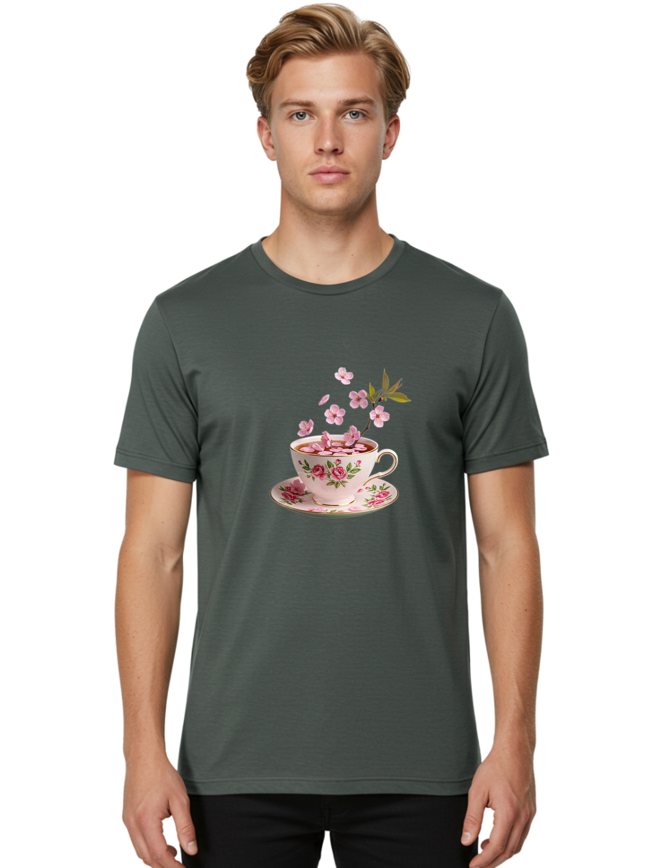 Tea-Cup-With-Cherry-Blossoms-1 Men'S Graphic Tee, 100% Cotton, Comfortable Casual Summer Wear, Machine Washable, Vintage Camera, Old Camera, Antique Camera, Black Camera, Classic Photography, Photography Equipment, Nostalgic Device, Bai446