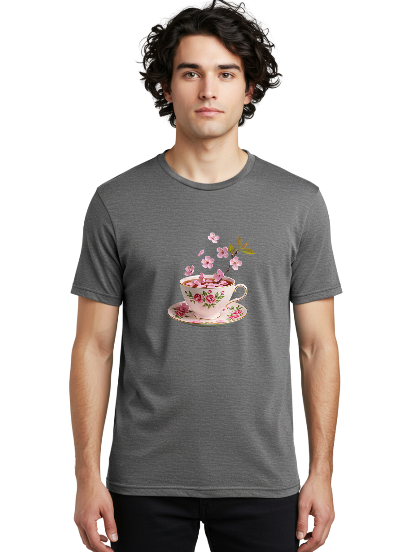 Tea-Cup-With-Cherry-Blossoms-1 Men'S Graphic Tee, 100% Cotton, Comfortable Casual Summer Wear, Machine Washable, Vintage Camera, Old Camera, Antique Camera, Black Camera, Classic Photography, Photography Equipment, Nostalgic Device, Bai446