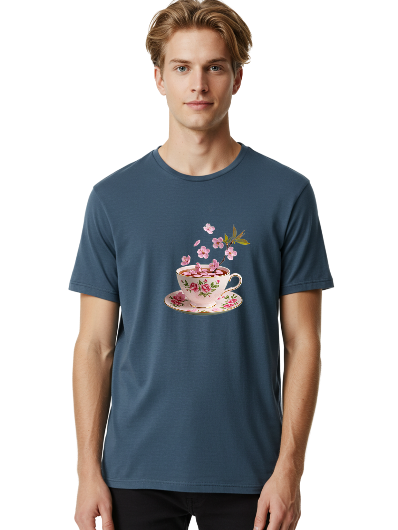 Tea-Cup-With-Cherry-Blossoms-1 Men'S Graphic Tee, 100% Cotton, Comfortable Casual Summer Wear, Machine Washable, Vintage Camera, Old Camera, Antique Camera, Black Camera, Classic Photography, Photography Equipment, Nostalgic Device, Bai446
