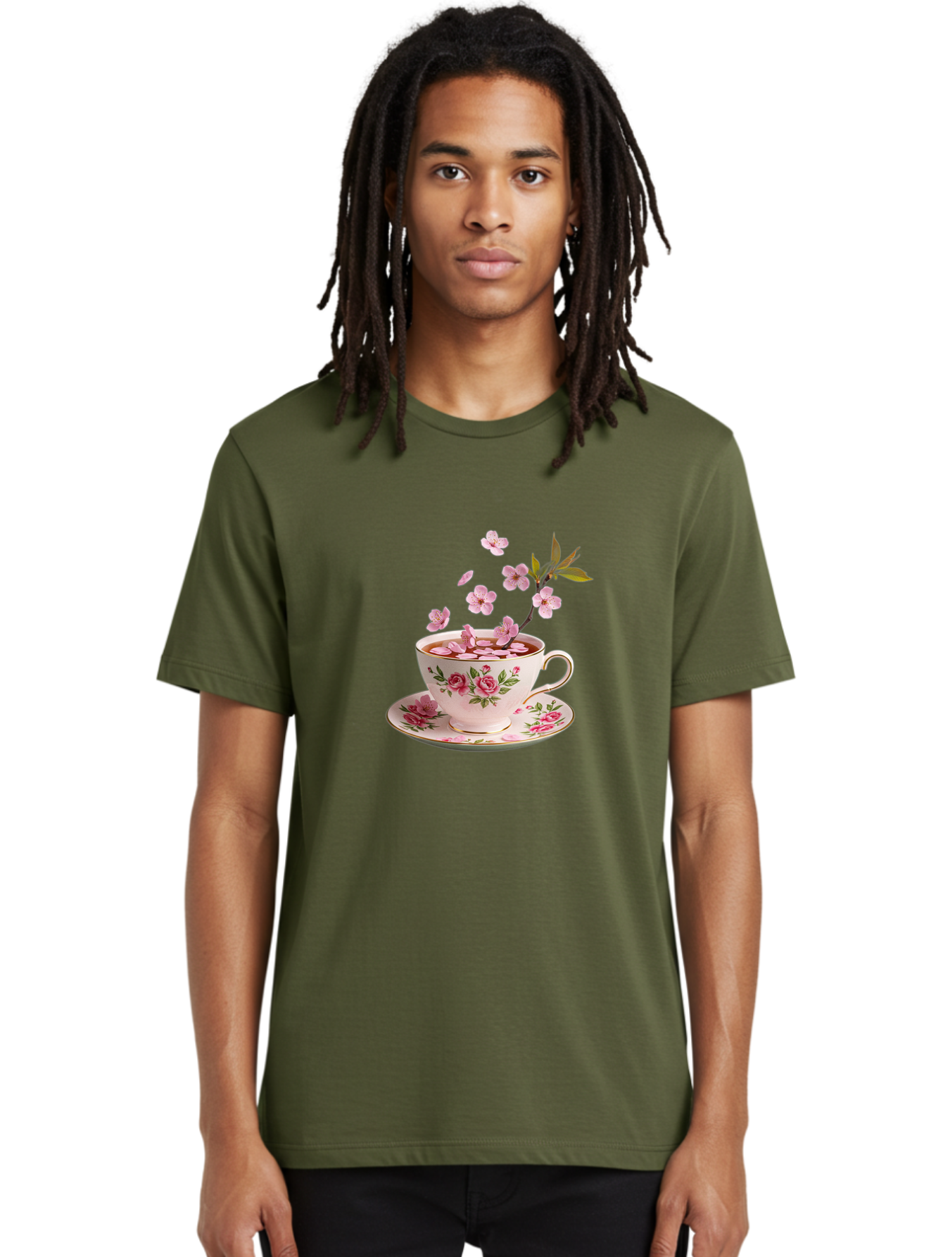 Tea-Cup-With-Cherry-Blossoms-1 Men'S Graphic Tee, 100% Cotton, Comfortable Casual Summer Wear, Machine Washable, Vintage Camera, Old Camera, Antique Camera, Black Camera, Classic Photography, Photography Equipment, Nostalgic Device, Bai446