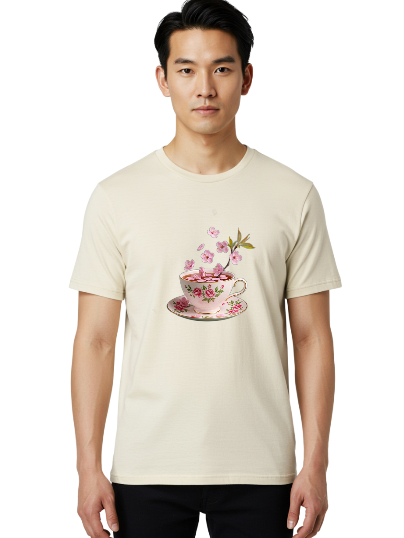 Tea-Cup-With-Cherry-Blossoms-1 Men'S Graphic Tee, 100% Cotton, Comfortable Casual Summer Wear, Machine Washable, Vintage Camera, Old Camera, Antique Camera, Black Camera, Classic Photography, Photography Equipment, Nostalgic Device, Bai446