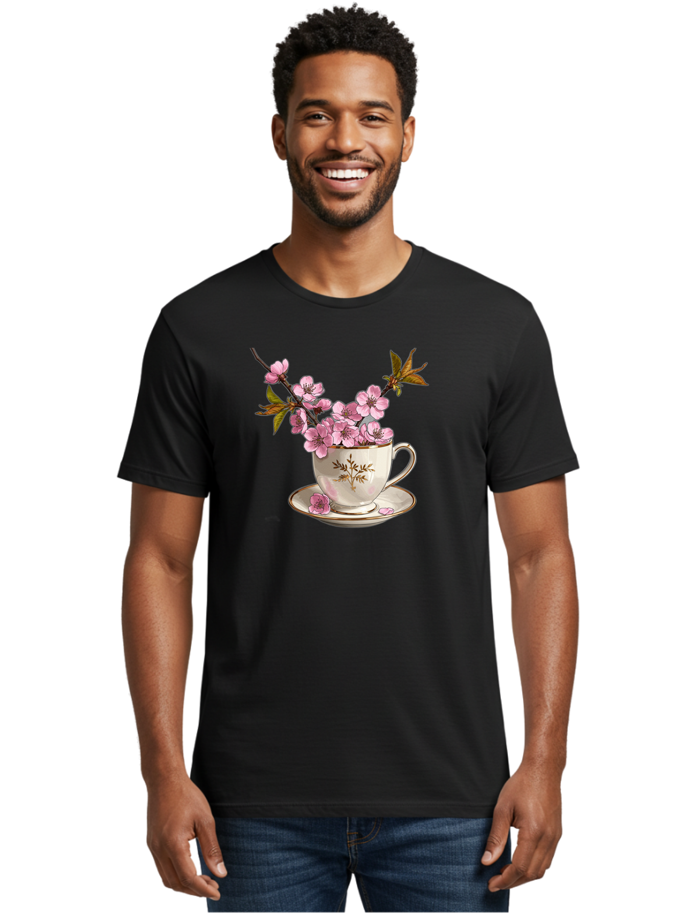Tea-Cup-With-Cherry-Blossoms-2 Men'S Graphic Tee, 100% Cotton, Comfortable Casual Summer Wear, Machine Washable, Vintage Camera, Old Camera, Antique Camera, Black Camera, Classic Photography, Photography Equipment, Nostalgic Device, Bai447
