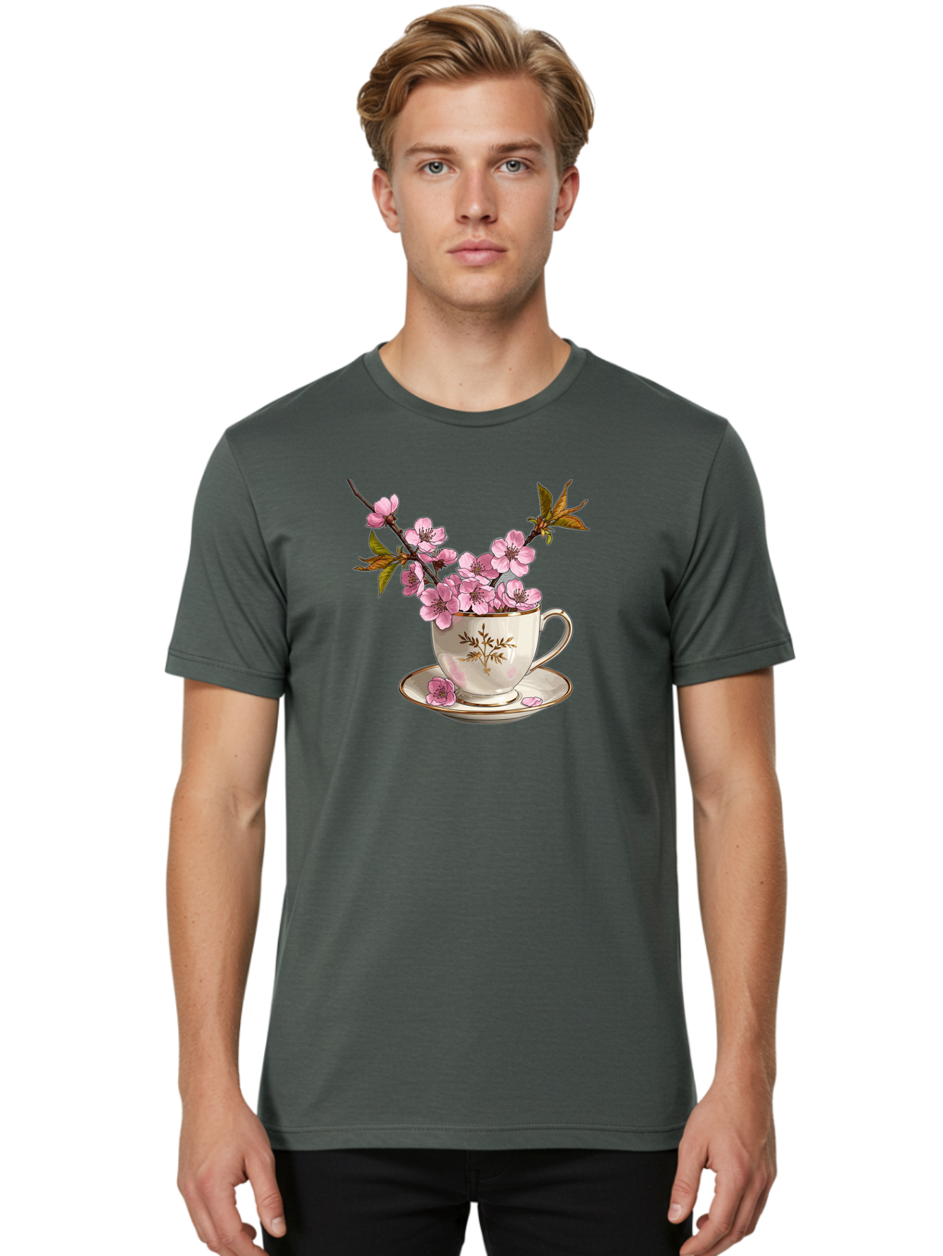 Tea-Cup-With-Cherry-Blossoms-2 Men'S Graphic Tee, 100% Cotton, Comfortable Casual Summer Wear, Machine Washable, Vintage Camera, Old Camera, Antique Camera, Black Camera, Classic Photography, Photography Equipment, Nostalgic Device, Bai447