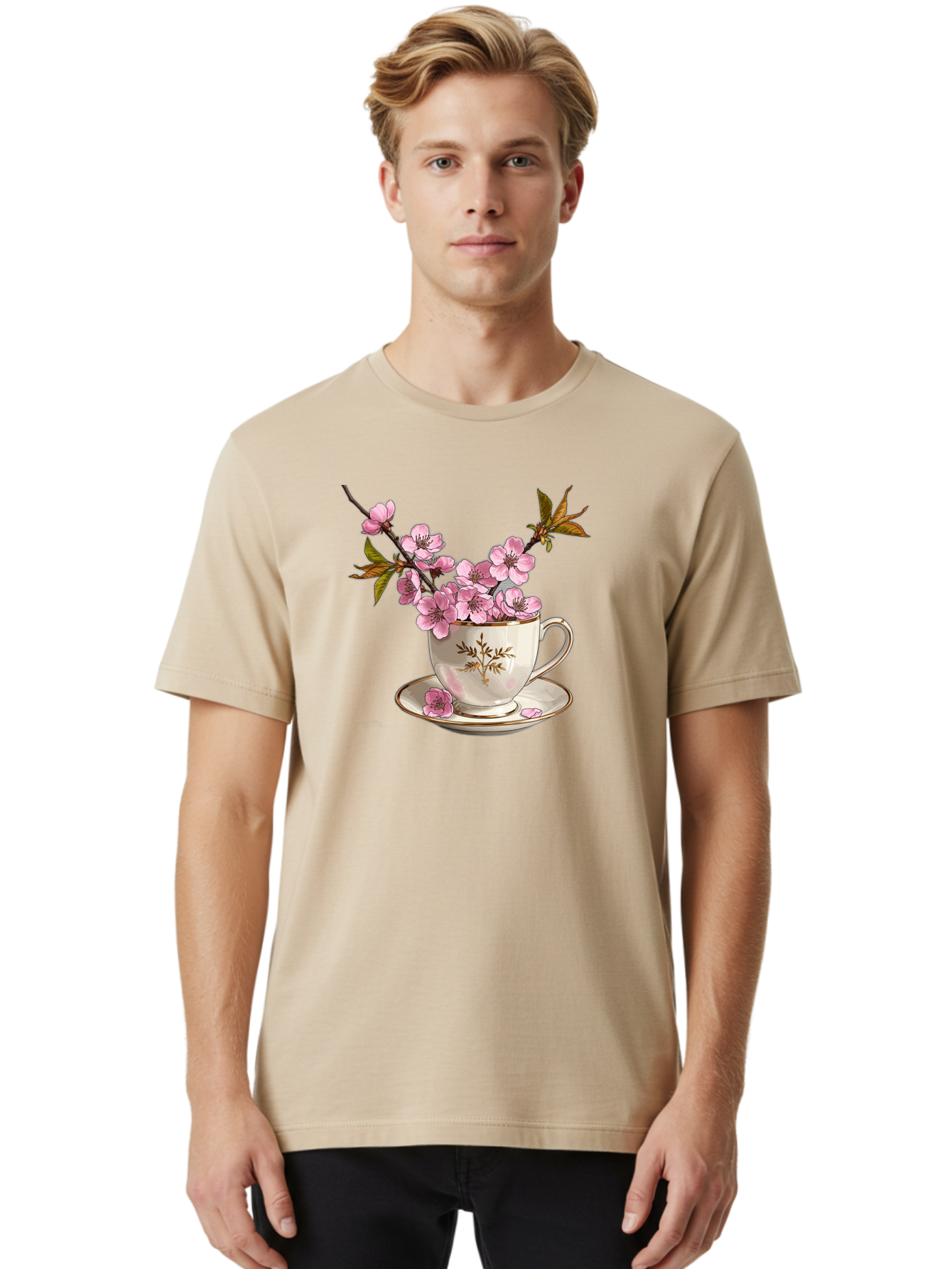 Tea-Cup-With-Cherry-Blossoms-2 Men'S Graphic Tee, 100% Cotton, Comfortable Casual Summer Wear, Machine Washable, Vintage Camera, Old Camera, Antique Camera, Black Camera, Classic Photography, Photography Equipment, Nostalgic Device, Bai447