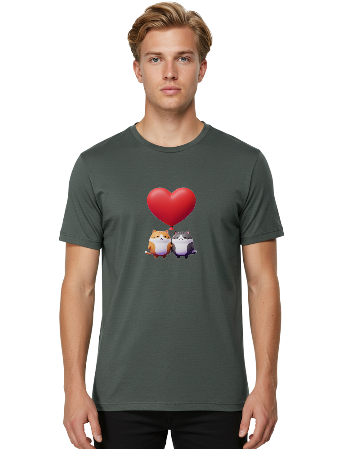 Two-Cats-With-Heart-Balloon Men'S Graphic Tee, 100% Cotton, Comfortable Casual Summer Wear, Machine Washable, Vintage Camera, Old Camera, Antique Camera, Black Camera, Classic Photography, Photography Equipment, Nostalgic Device, Film Camera, Bai490