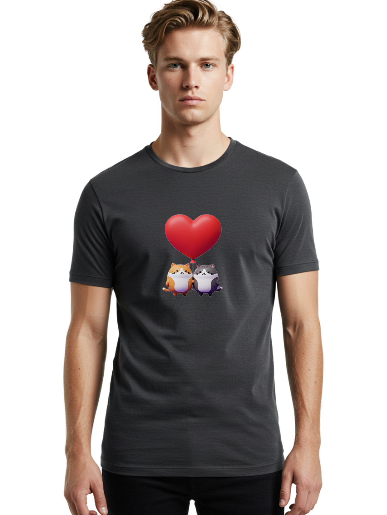 Two-Cats-With-Heart-Balloon Men'S Graphic Tee, 100% Cotton, Comfortable Casual Summer Wear, Machine Washable, Vintage Camera, Old Camera, Antique Camera, Black Camera, Classic Photography, Photography Equipment, Nostalgic Device, Film Camera, Bai490