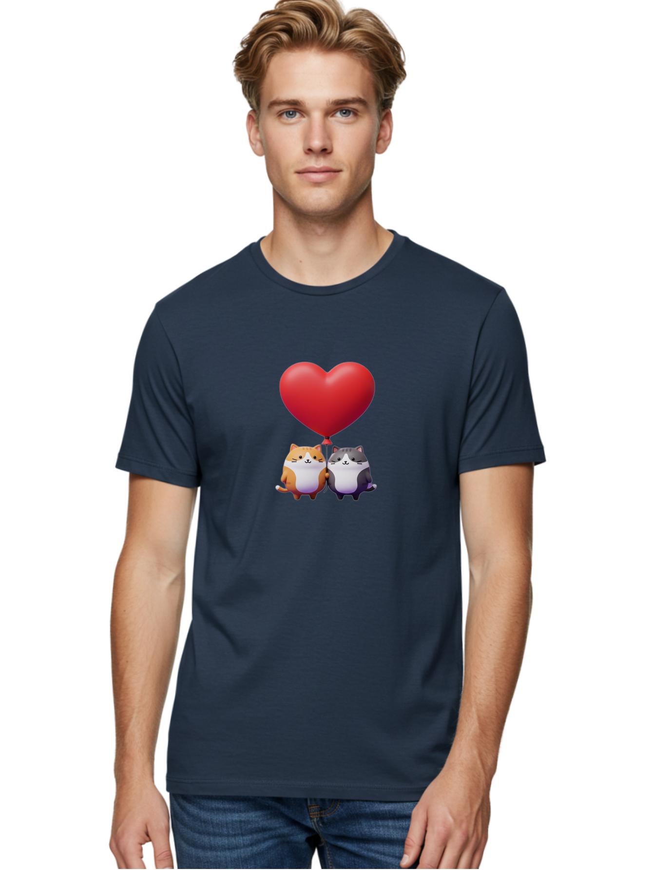Two-Cats-With-Heart-Balloon Men'S Graphic Tee, 100% Cotton, Comfortable Casual Summer Wear, Machine Washable, Vintage Camera, Old Camera, Antique Camera, Black Camera, Classic Photography, Photography Equipment, Nostalgic Device, Film Camera, Bai490